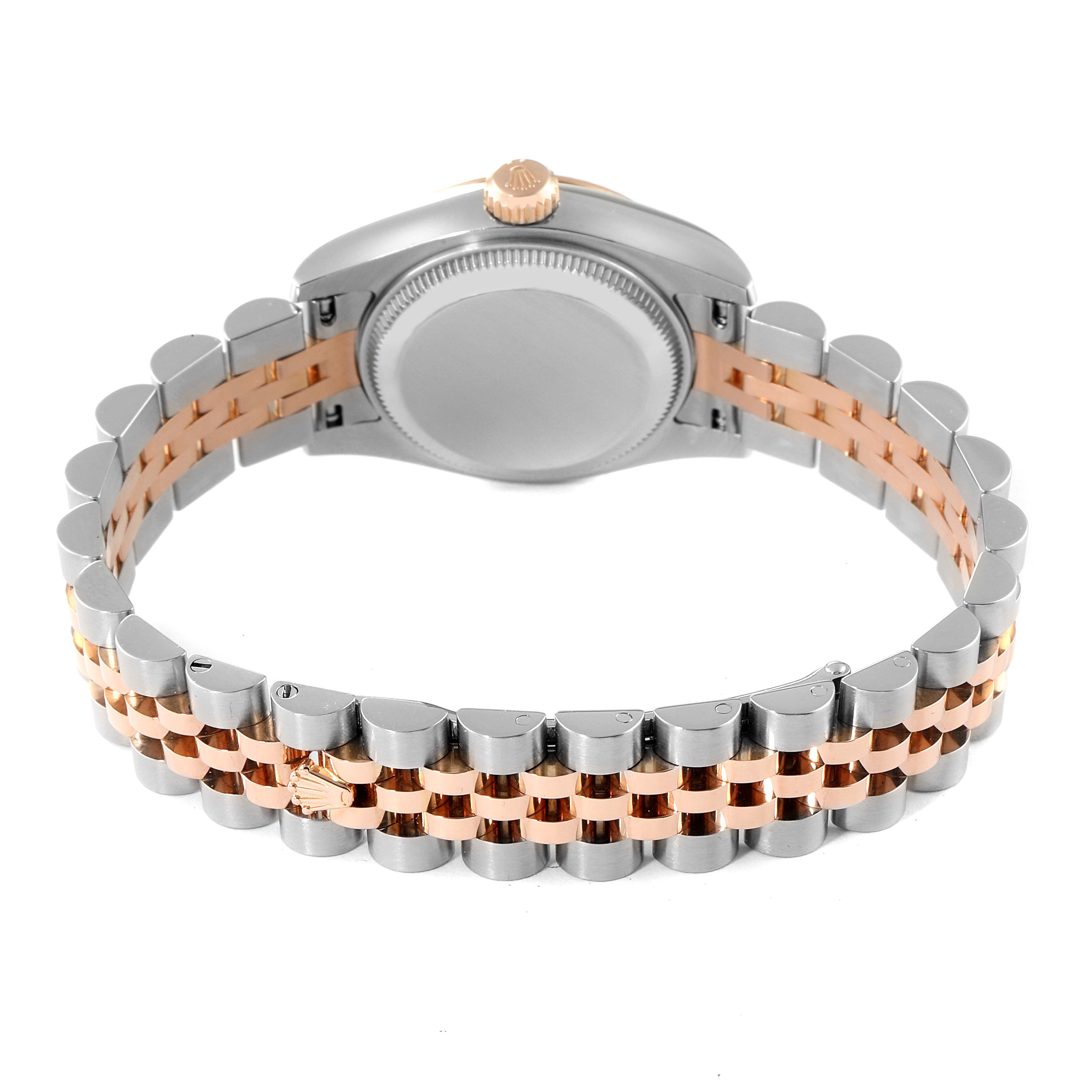 The image shows the back view of a Rolex Datejust 179171 Women's Steel and Gold (two tone) White Dial 179171 Women's Steel and Gold (two tone) White Dial watch, highlighting its two-tone bracelet and caseback.