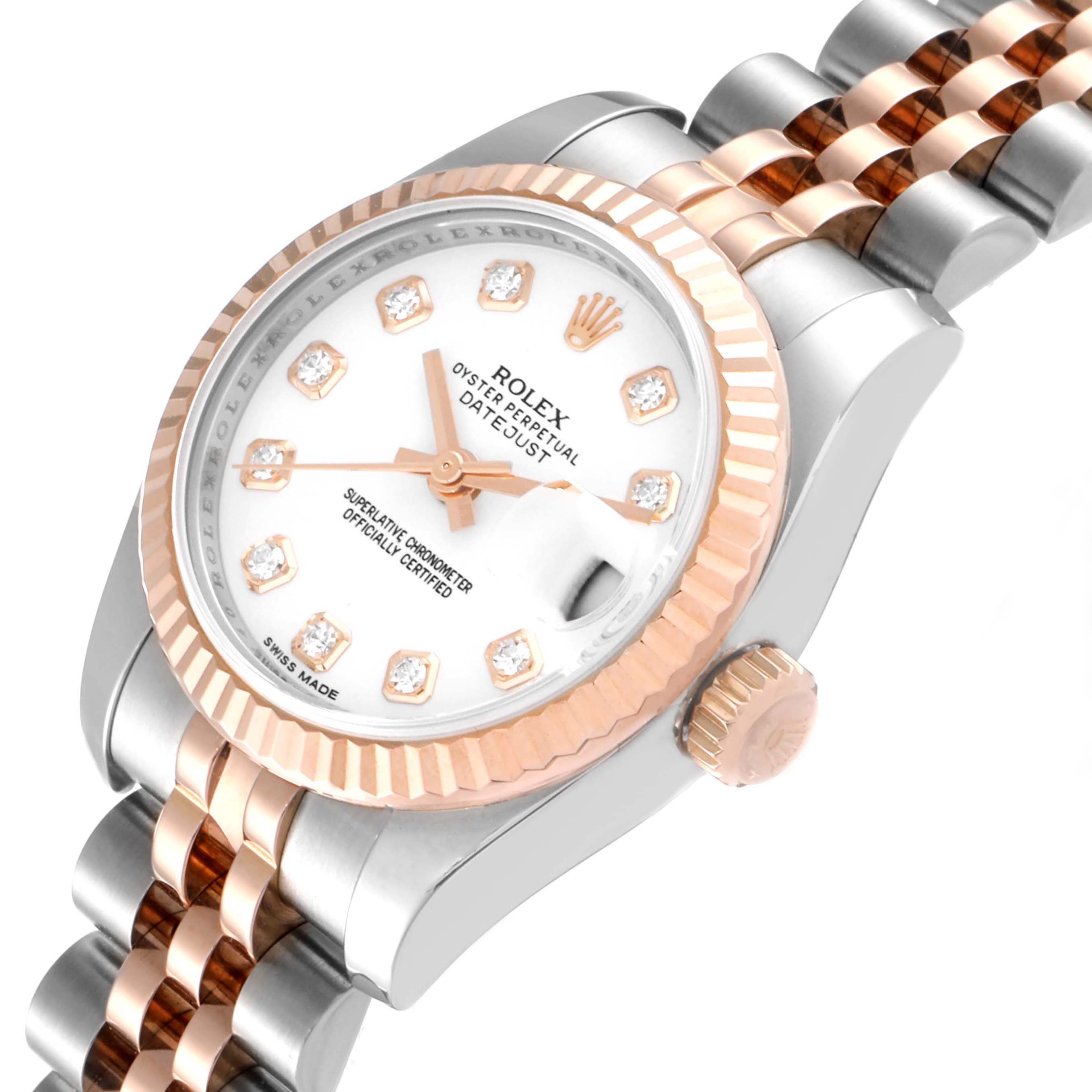 This Rolex Datejust 179171 Women's Steel and Gold (two tone) White Dial 179171 Women's Steel and Gold (two tone) White Dial watch is shown at an angled view, displaying the dial, bezel, case, and part of the bracelet.