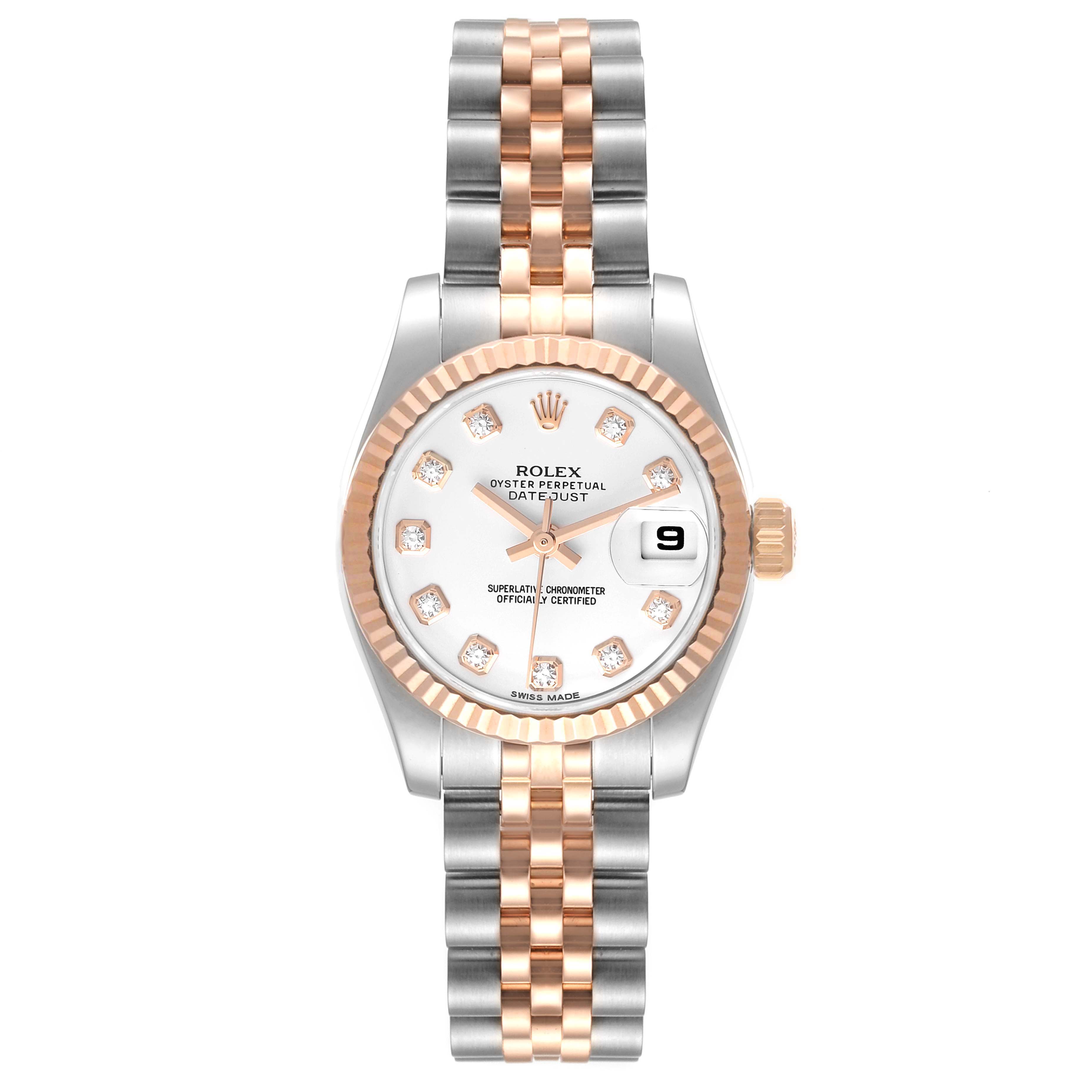 This Rolex Datejust 179171 Women's Steel and Gold (two tone) White Dial 179171 Women's Steel and Gold (two tone) White Dial watch is viewed from the front showcasing its face, bezel, hands, and bracelet.