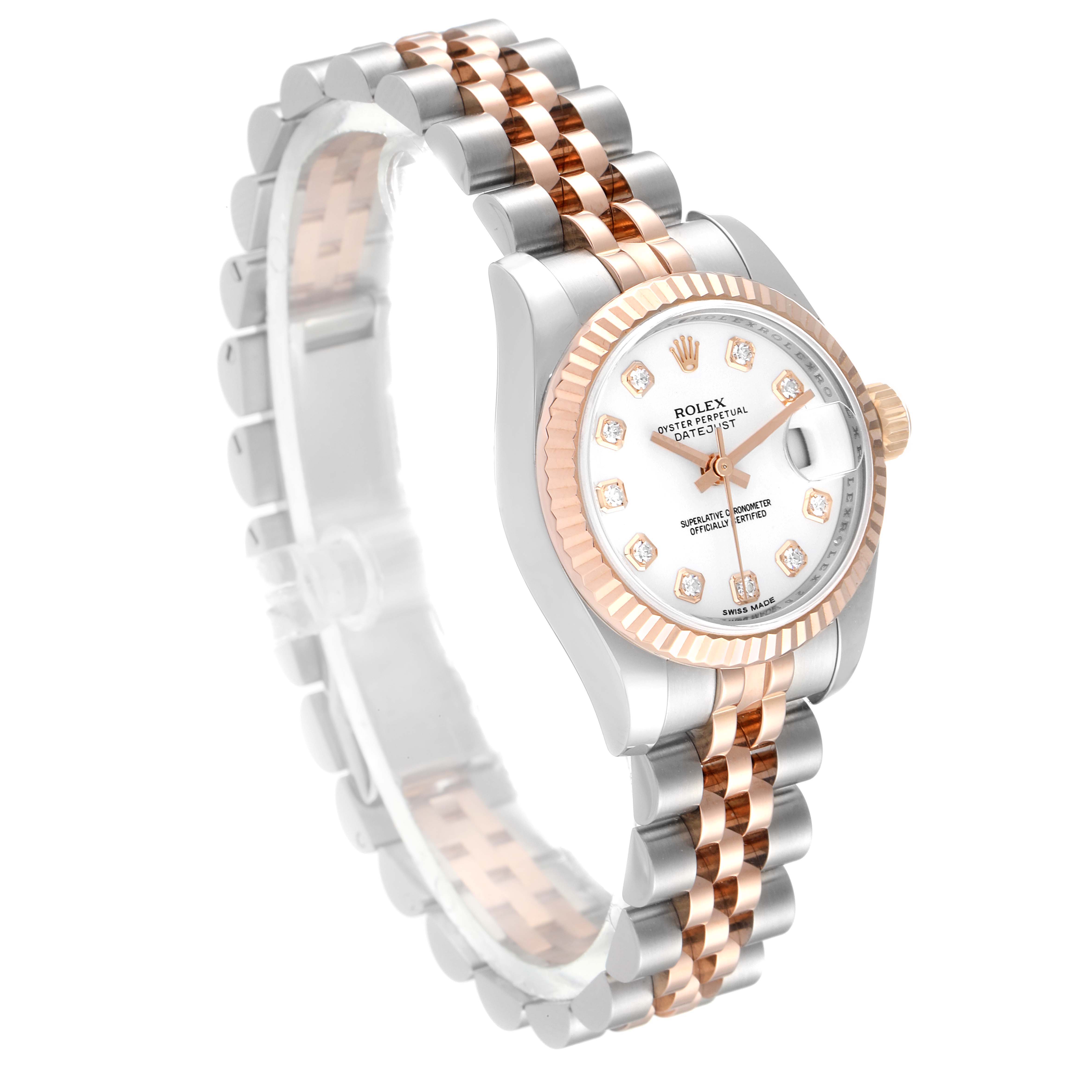 This image shows a side angle of a Rolex Datejust 179171 Women's Steel and Gold (two tone) White Dial 179171 Women's Steel and Gold (two tone) White Dial watch featuring a two-tone bracelet and diamond hour markers.