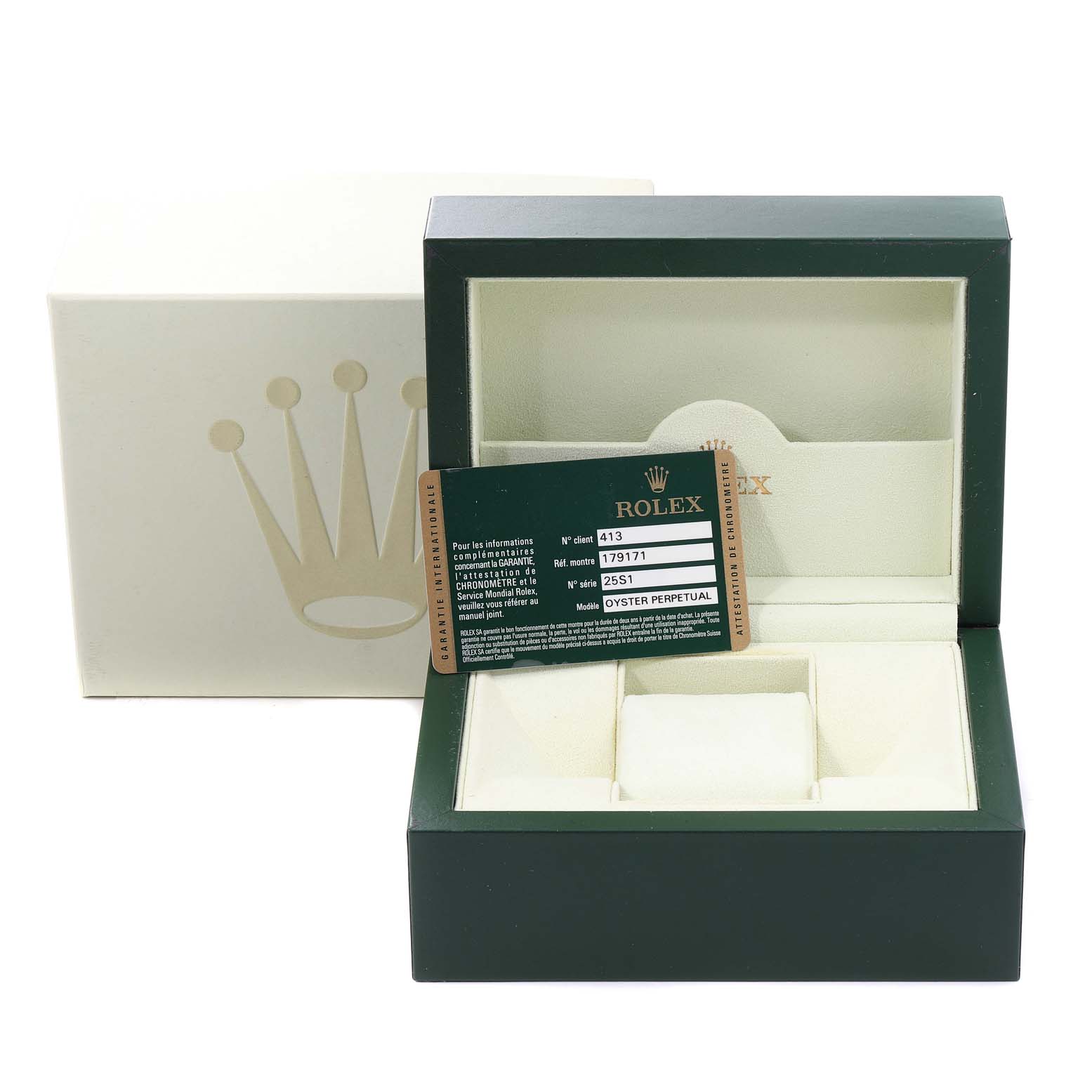 The image shows a Rolex Datejust 179171 Women's Steel and Gold (two tone) White Dial 179171 Women's Steel and Gold (two tone) White Dial model watch box and an authenticity card at an angled front view.