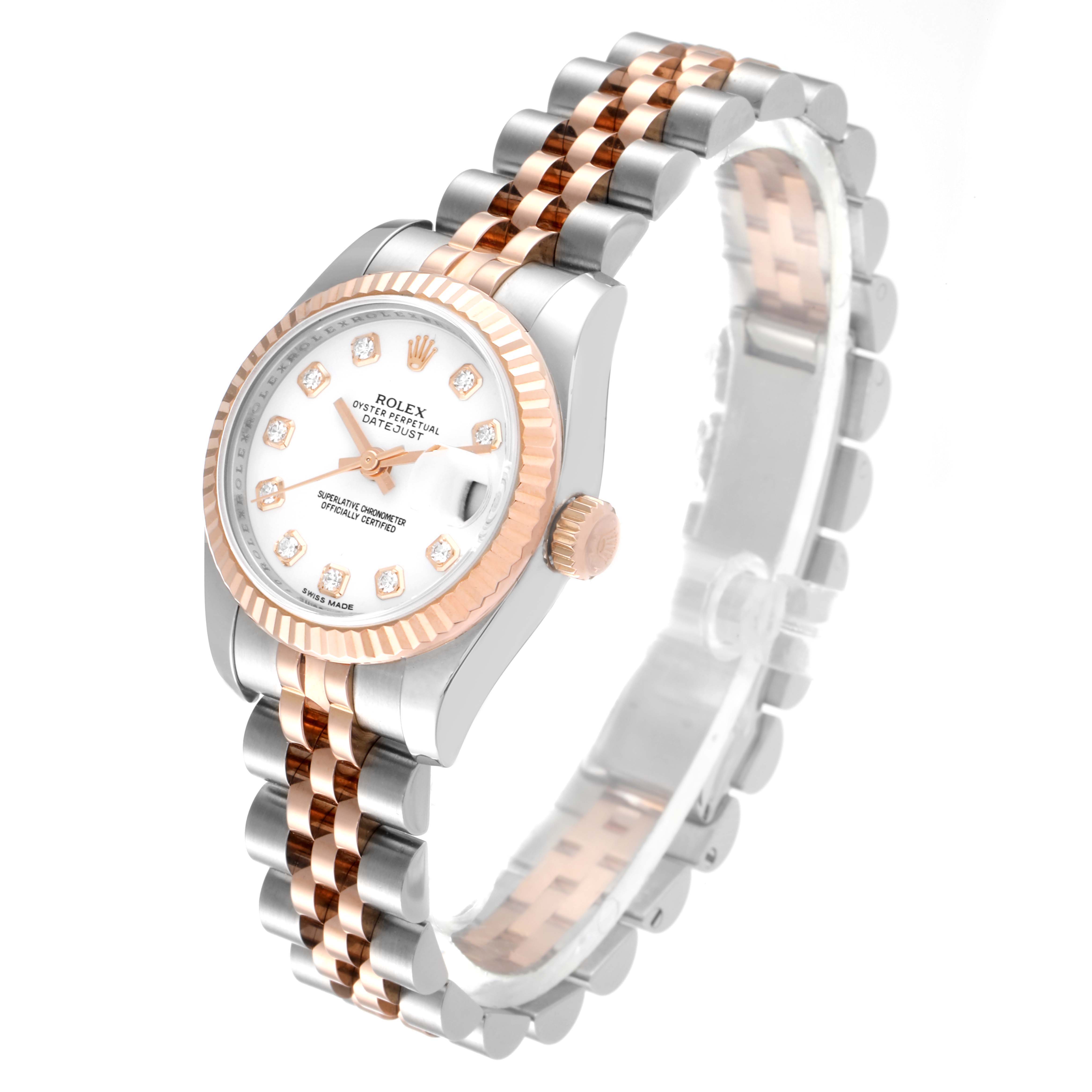 This image shows a side and top view of a Rolex Datejust 179171 Women's Steel and Gold (two tone) White Dial 179171 Women's Steel and Gold (two tone) White Dial watch, highlighting its two-tone bracelet and white dial.