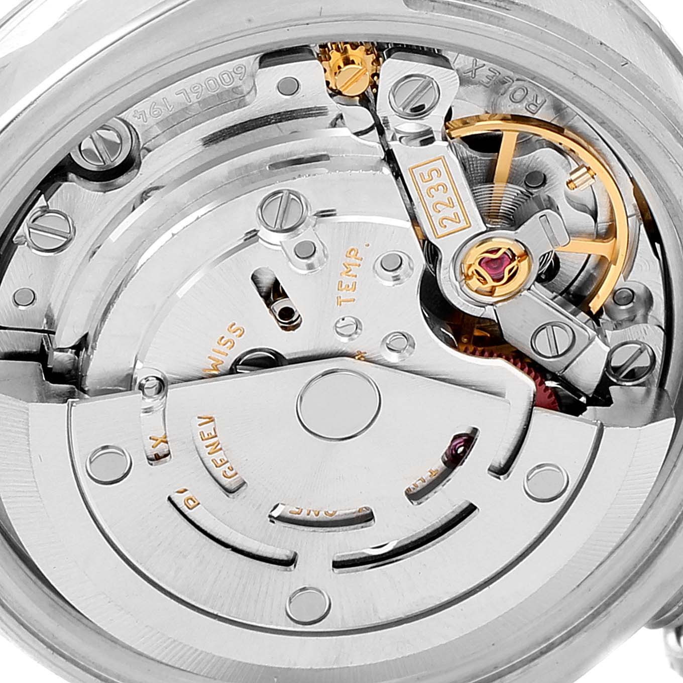 The image shows a close-up view of the movement and internal mechanics of a Rolex Datejust 179171 Women's Steel and Gold (two tone) White Dial 179171 Women's Steel and Gold (two tone) White Dial watch.