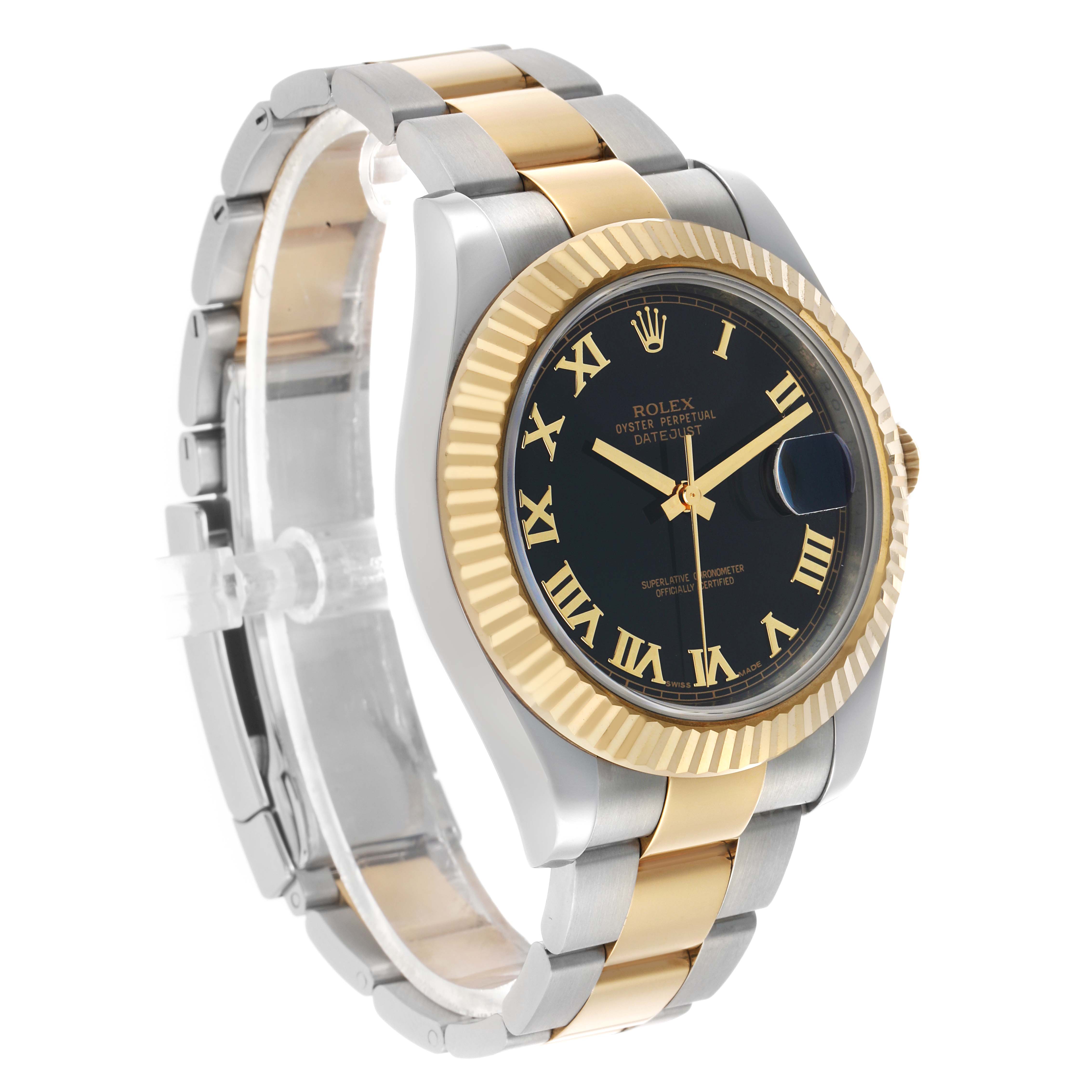 The Rolex Datejust 41 116333 Men's Steel and Gold (two tone) Black Dial watch is shown at a slight angle, highlighting the two-tone bracelet and fluted gold bezel.