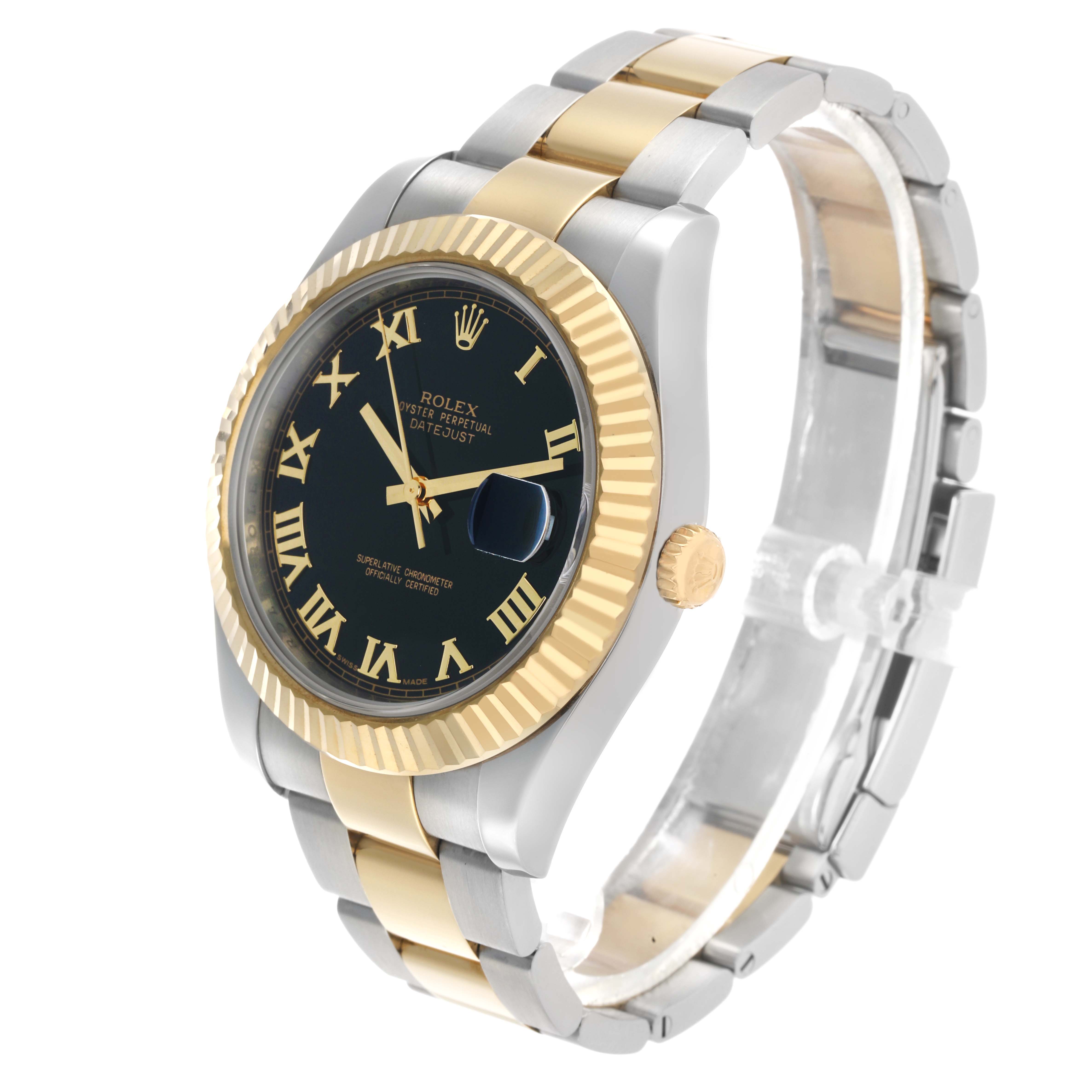 The Rolex Datejust 41 116333 Men's Steel and Gold (two tone) Black Dial is shown at a three-quarter angle, highlighting the bezel, dial with Roman numerals, and two-tone bracelet.