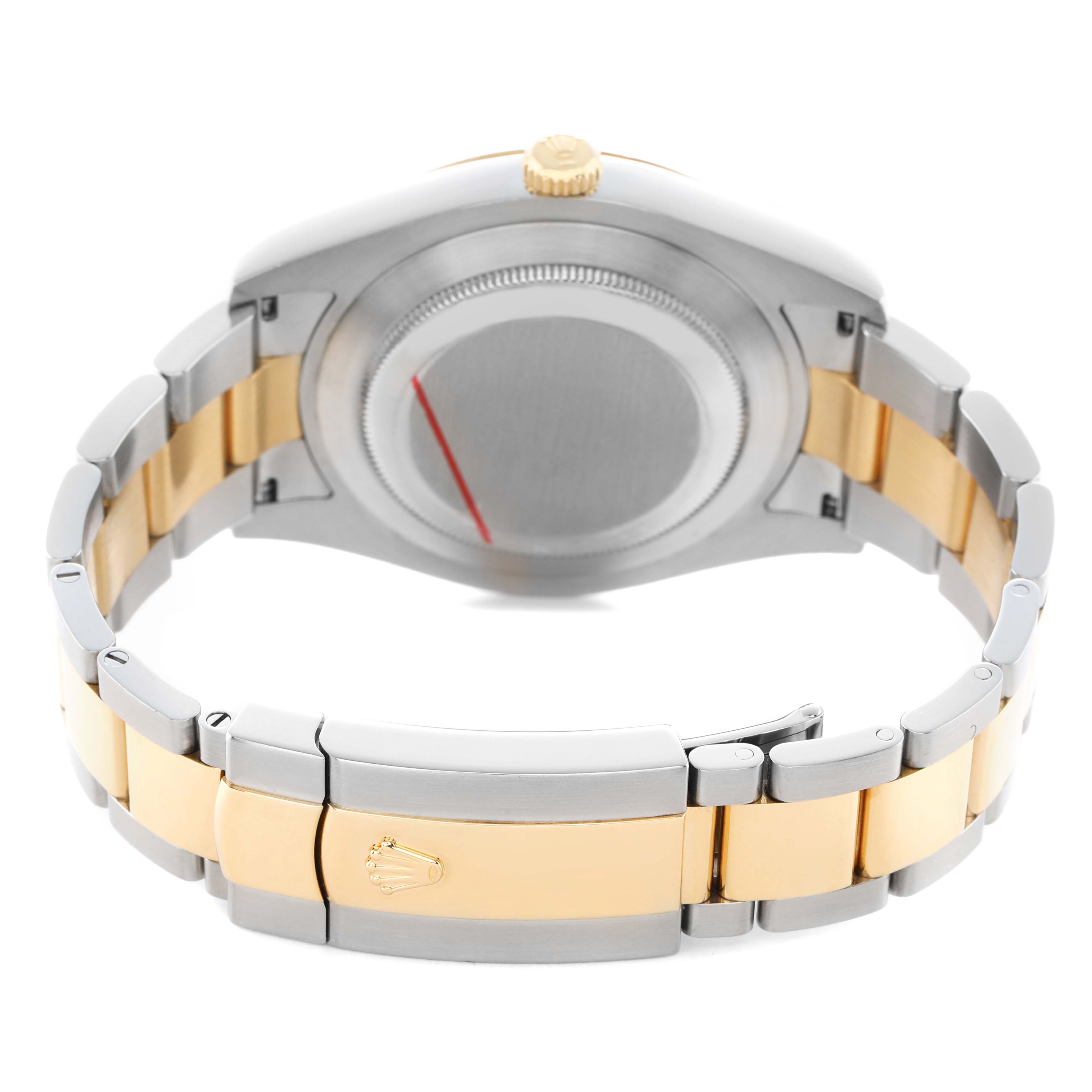 The image shows the back and bracelet of a Rolex Datejust 41 116333 Men's Steel and Gold (two tone) Black Dial, highlighting the oystersteel and yellow gold links and clasp.