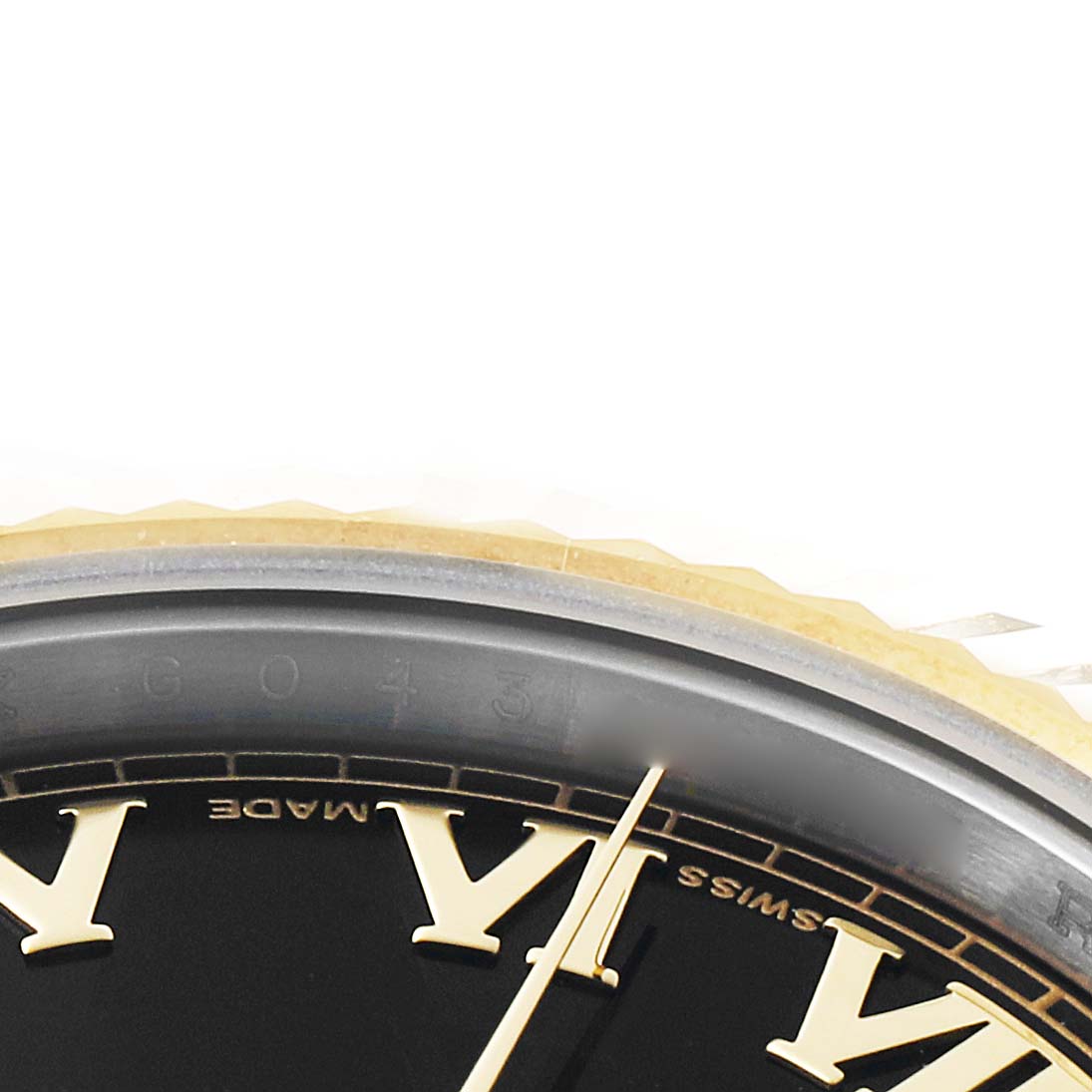 The image shows a close-up of the Rolex Datejust 41 116333 Men's Steel and Gold (two tone) Black Dial, highlighting the black dial with Roman numerals and the watch's gold bezel.