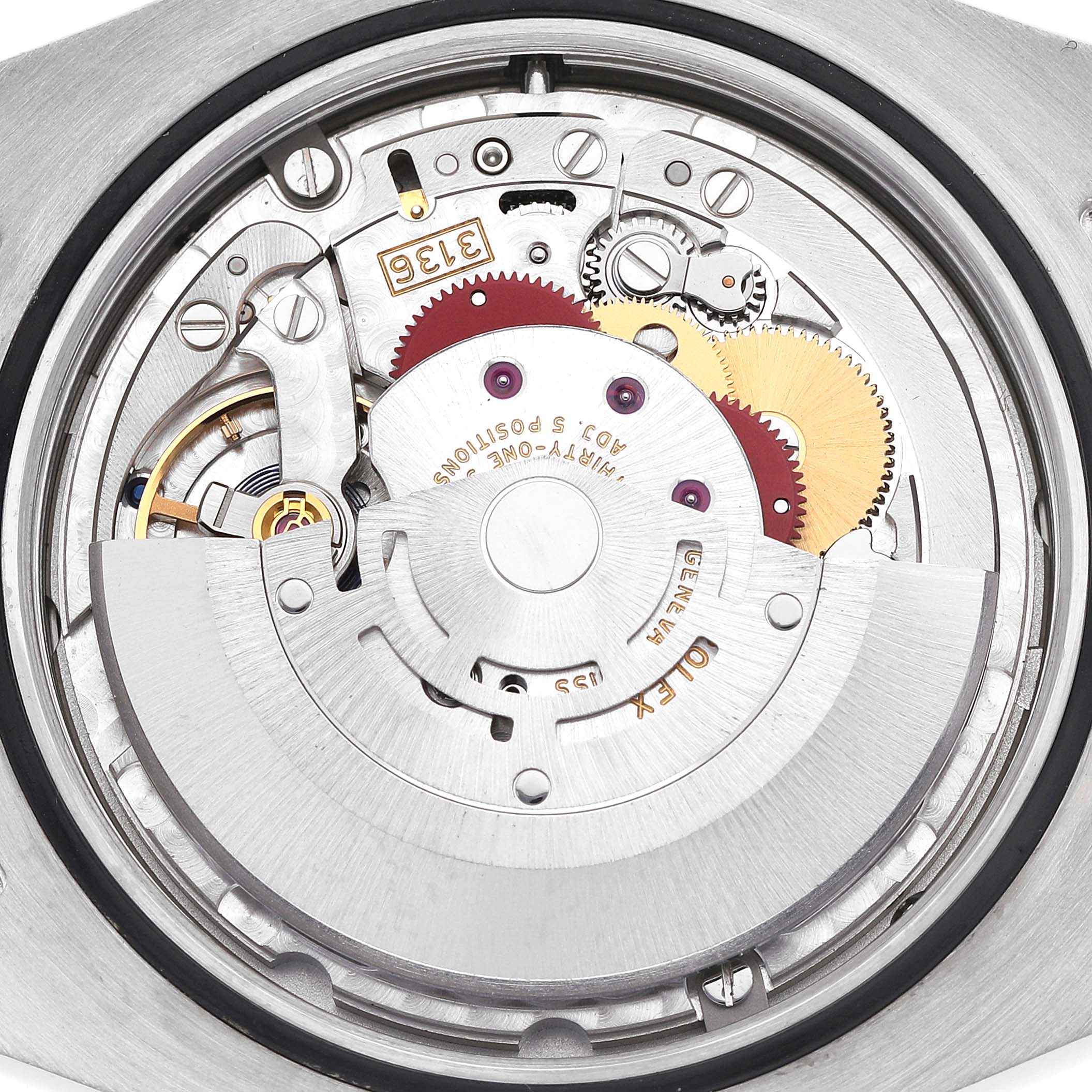 This image shows the inner mechanical movement of a Rolex Datejust 41 116333 Men's Steel and Gold (two tone) Black Dial, featuring gears, the rotor, and intricate components.