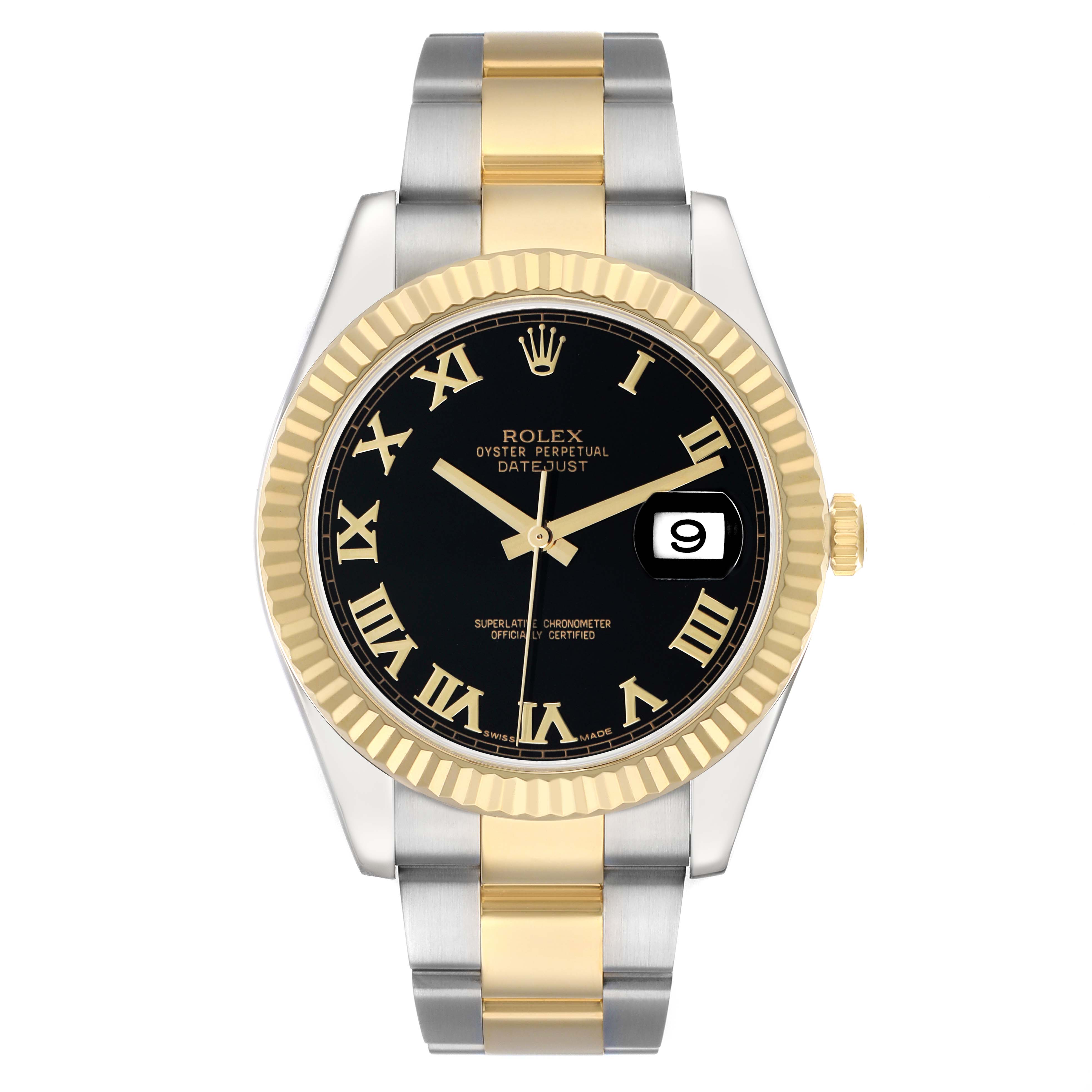 The Rolex Datejust 41 116333 Men's Steel and Gold (two tone) Black Dial is shown from a top view, highlighting the black dial, Roman numerals, two-tone bracelet, and gold fluted bezel.