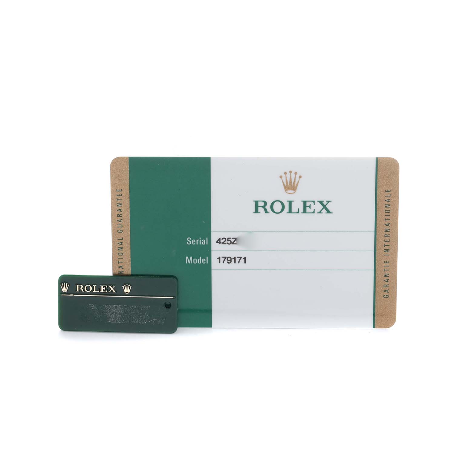 The image shows the warranty card and tag for the Rolex Datejust 179171 Women's Steel and Gold (two tone) Blue Dial model.