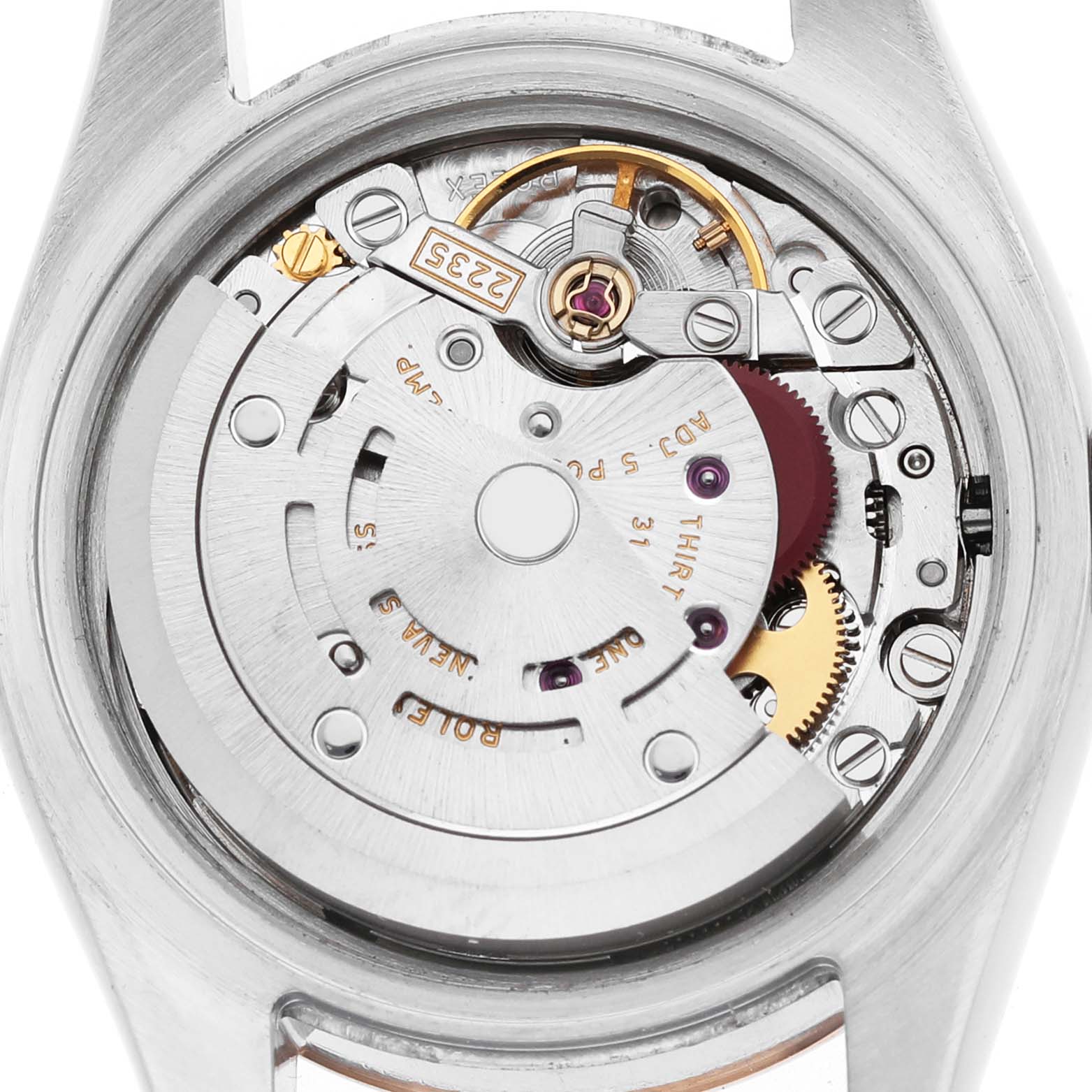 The image shows the open case back of a Rolex Datejust 179171 Women's Steel and Gold (two tone) Blue Dial, revealing its intricate movement and rotor.