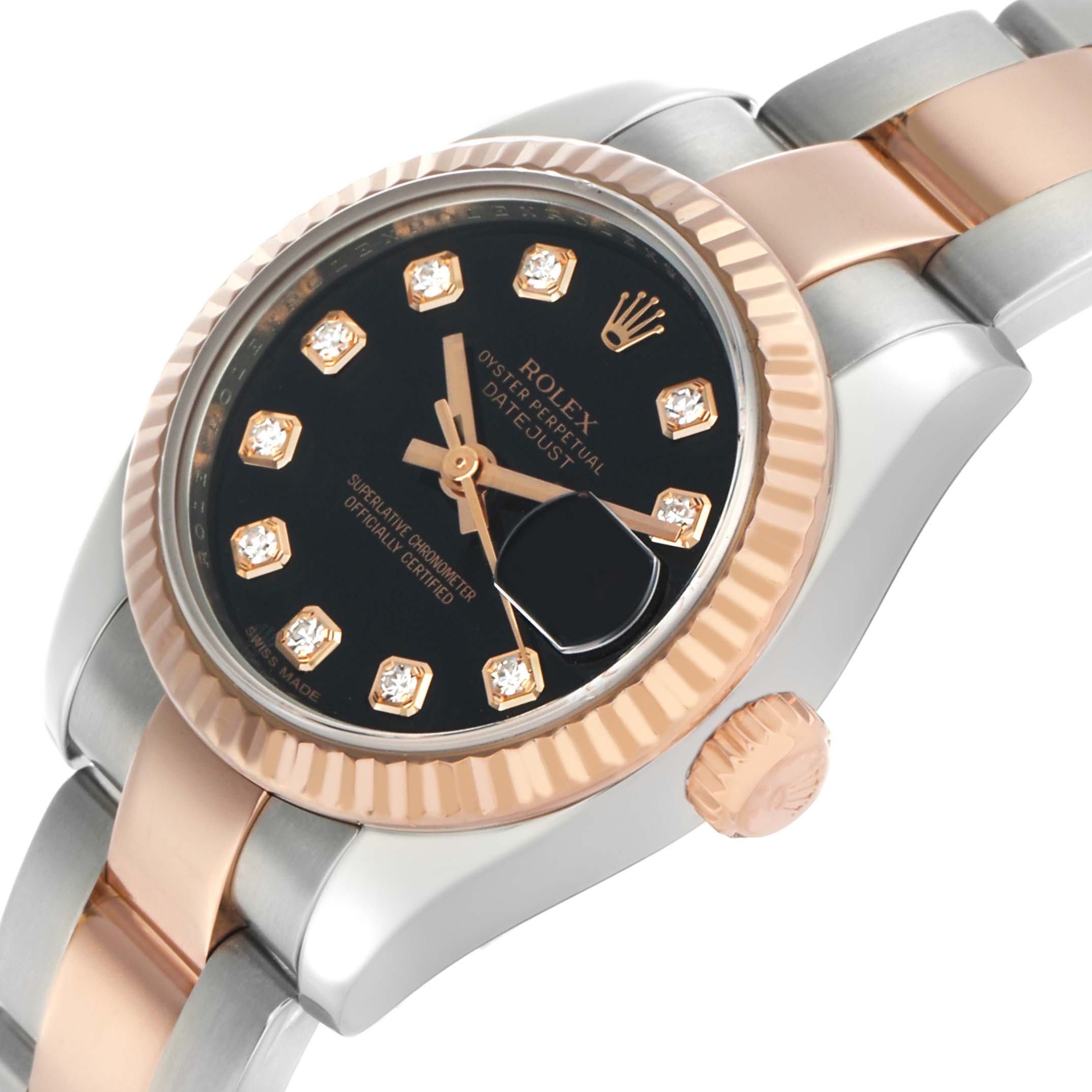 The Rolex Datejust 179171 Women's Steel and Gold (two tone) Blue Dial is shown from an angled side view, displaying the dial, fluted bezel, crown, and part of the bracelet.