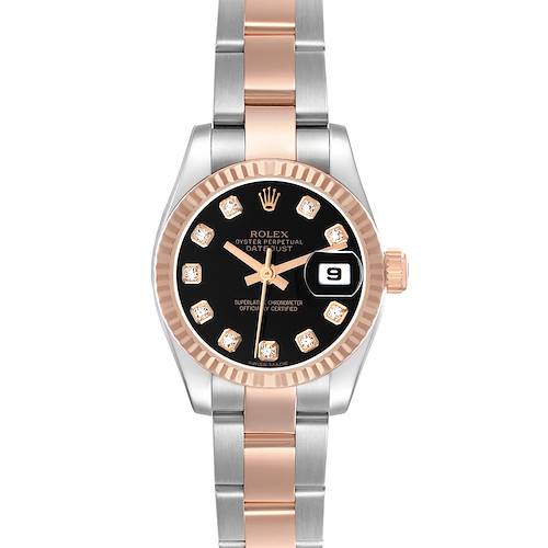 The Rolex Datejust 179171 Women's Steel and Gold (two tone) Blue Dial watch is shown from a top view, featuring a dual-tone bracelet, fluted bezel, and diamond hour markers.