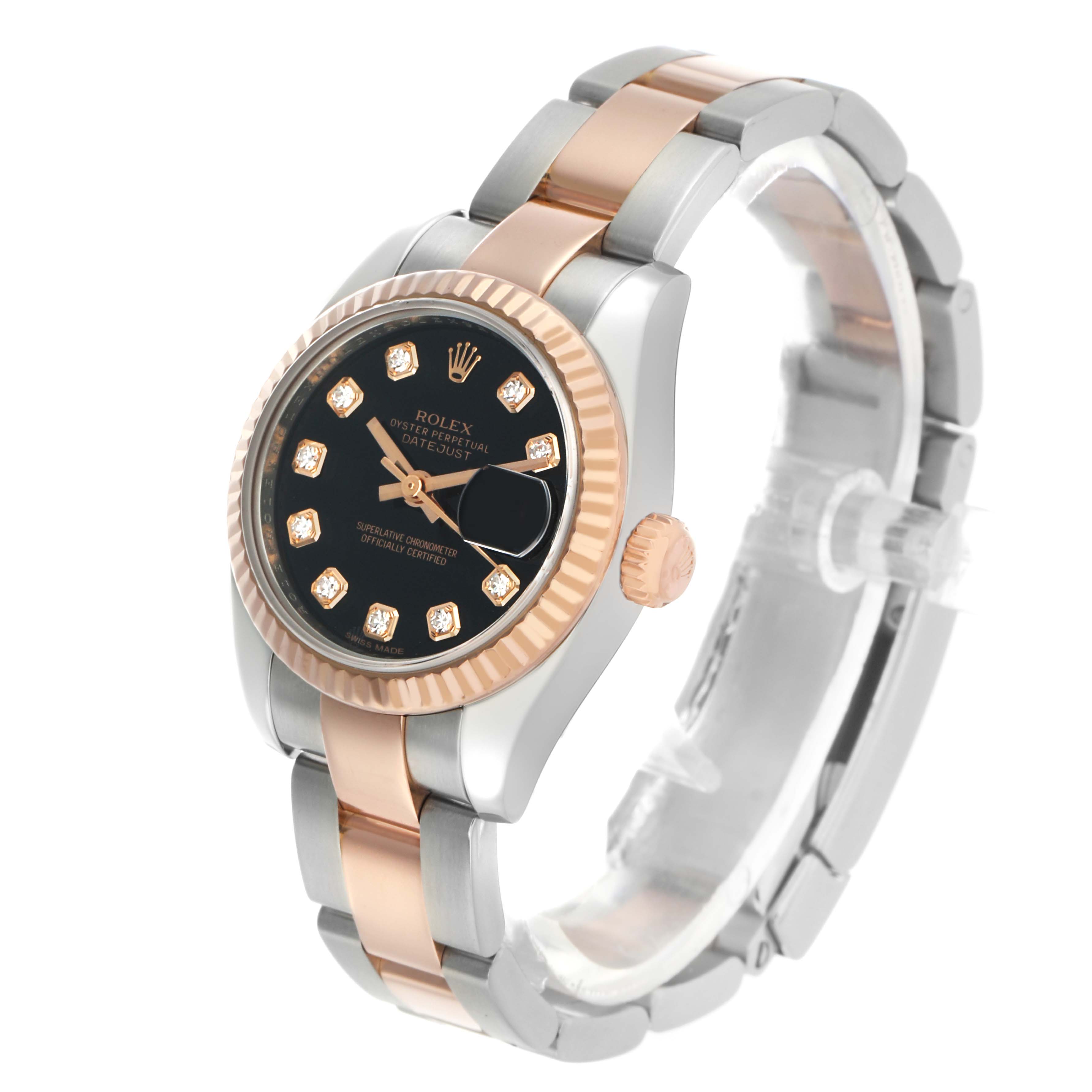 This Rolex Datejust 179171 Women's Steel and Gold (two tone) Blue Dial watch is shown at an oblique angle, featuring the bracelet, bezel, crown, and black dial.