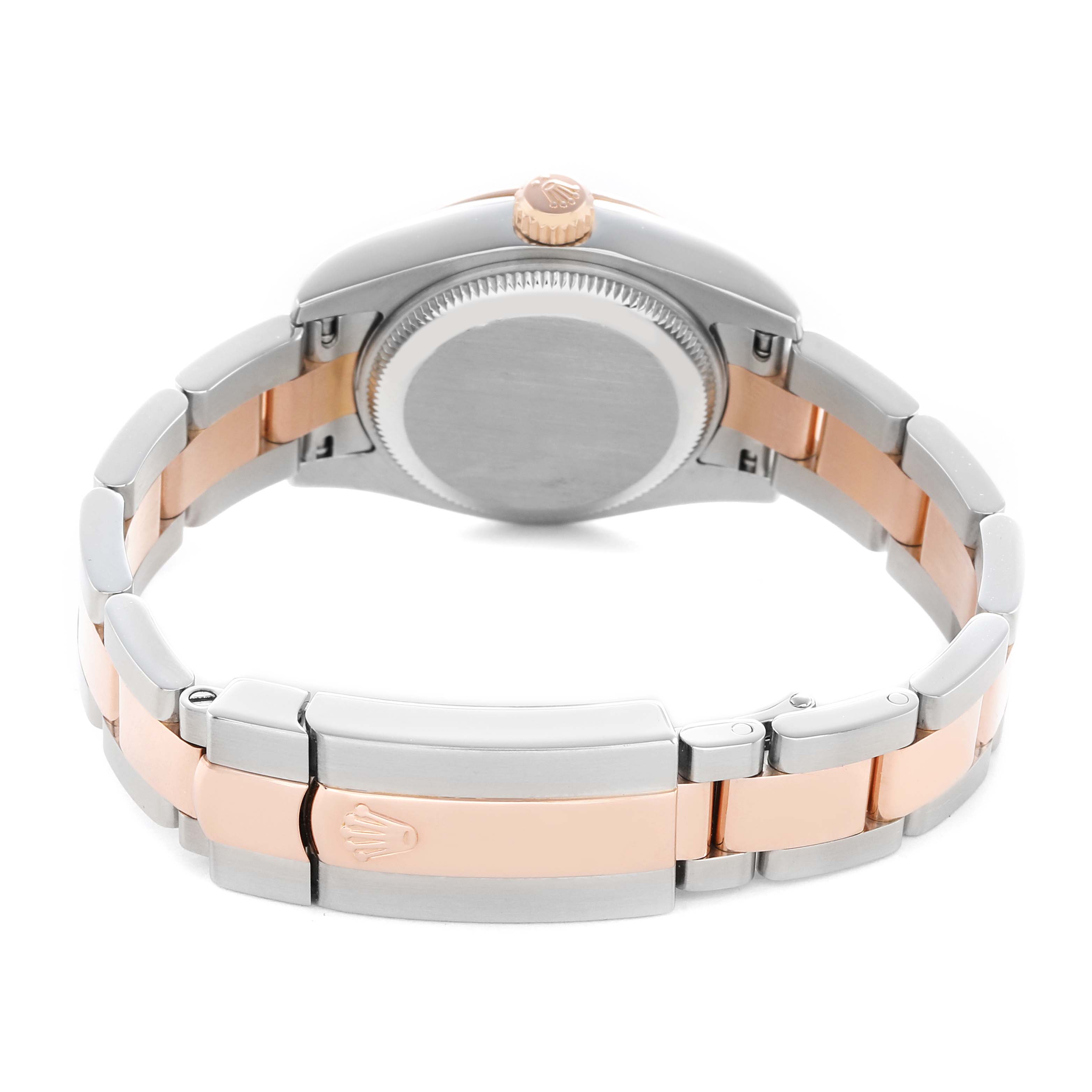 This image shows the back view of a Rolex Datejust 179171 Women's Steel and Gold (two tone) Blue Dial, highlighting the clasp, bracelet, and caseback.