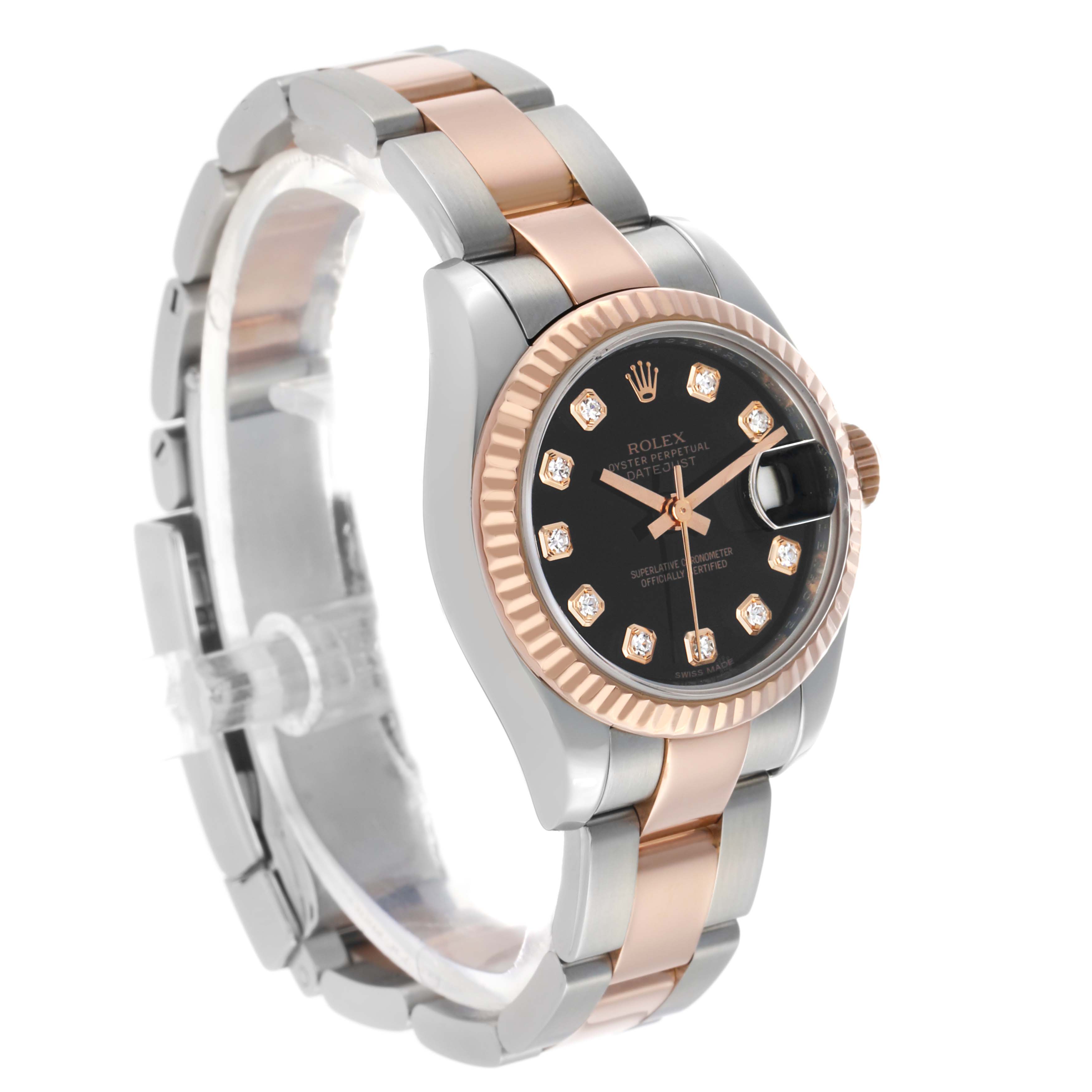 The Rolex Datejust 179171 Women's Steel and Gold (two tone) Blue Dial watch is shown at an angle highlighting its black dial, diamond markers, fluted bezel, and two-tone bracelet.