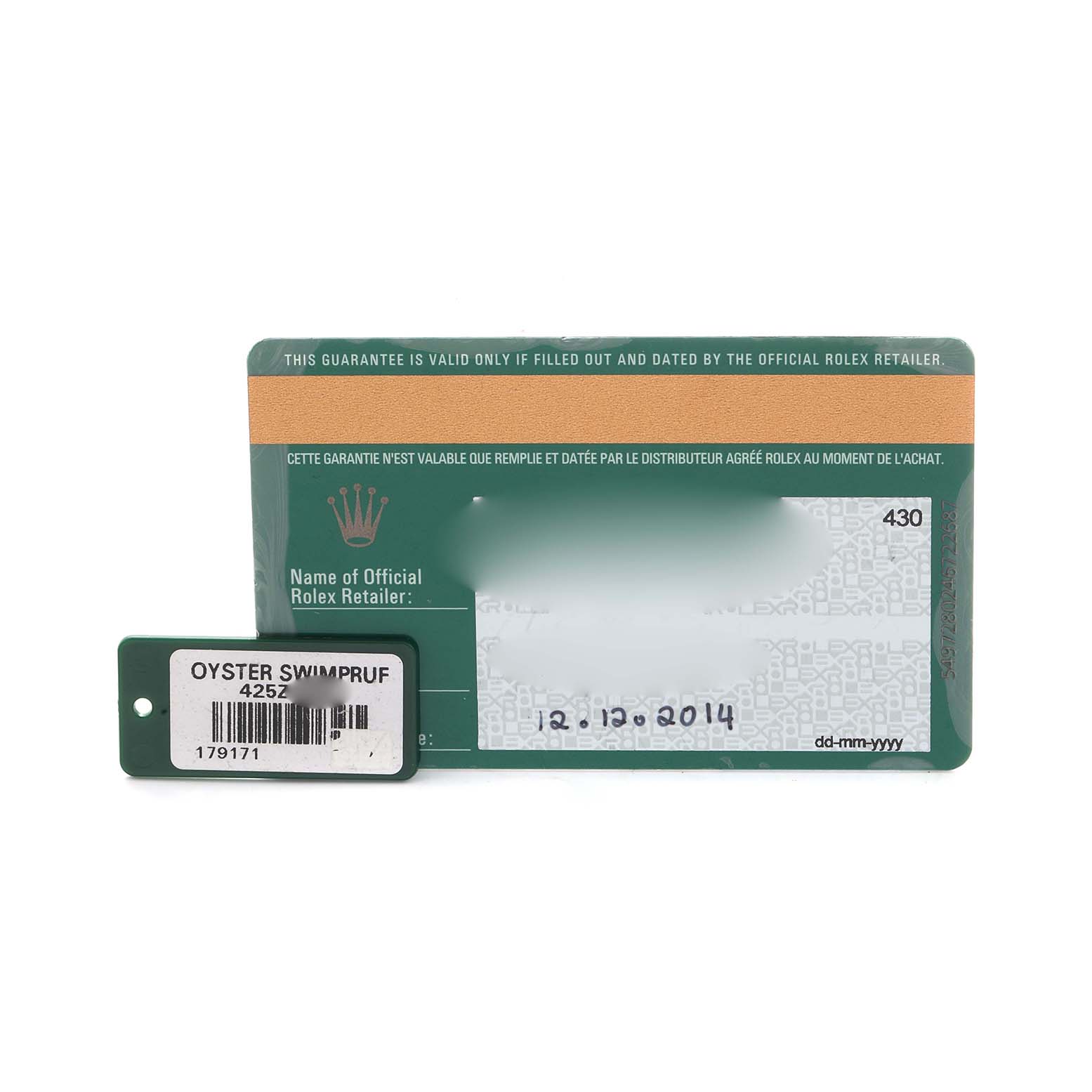 This image shows a Rolex Datejust 179171 Women's Steel and Gold (two tone) Blue Dial warranty card and an Oyster Swimpruf tag.