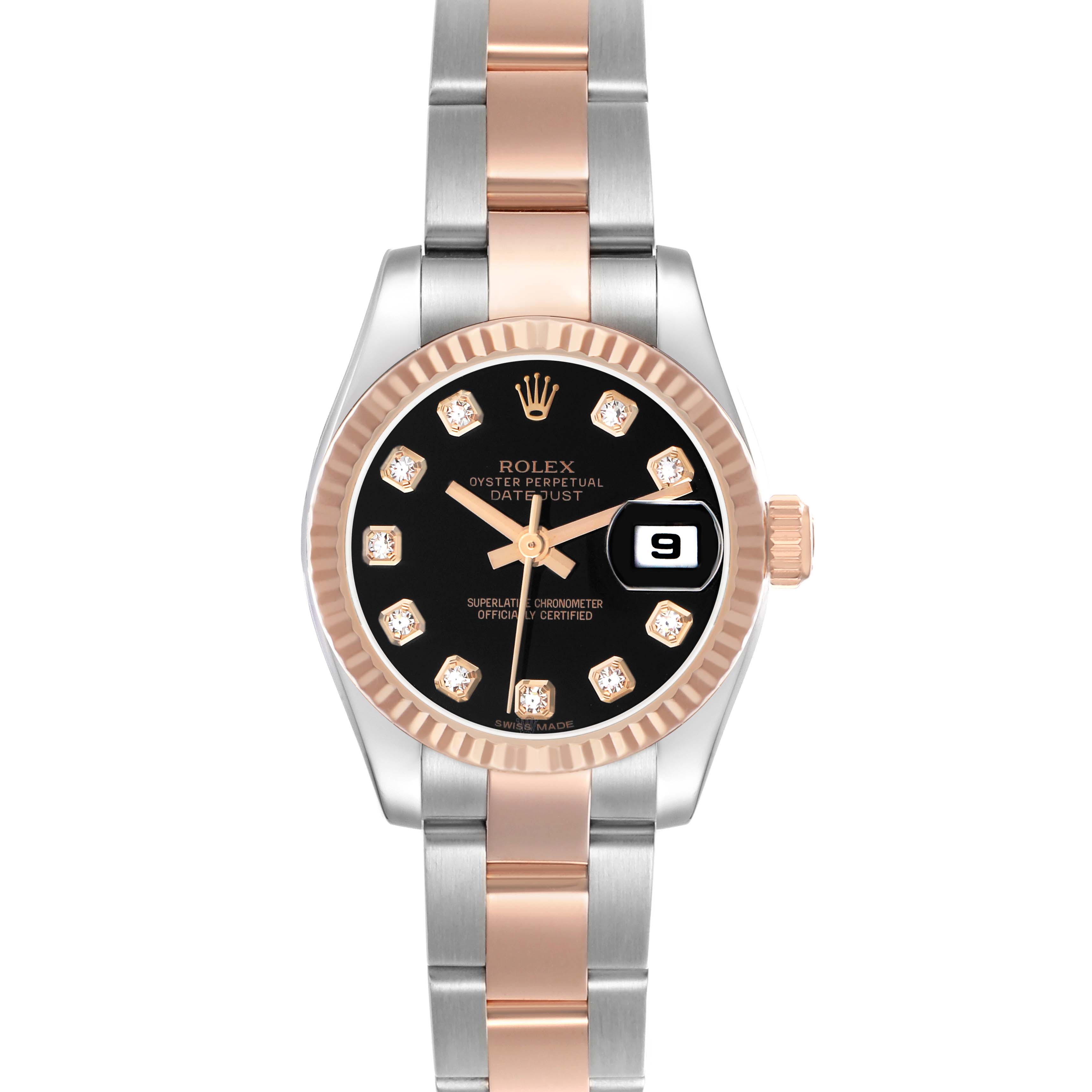 The Rolex Datejust 179171 Women's Steel and Gold (two tone) Blue Dial watch is shown from the front, highlighting the dial, bezel, and two-tone bracelet.