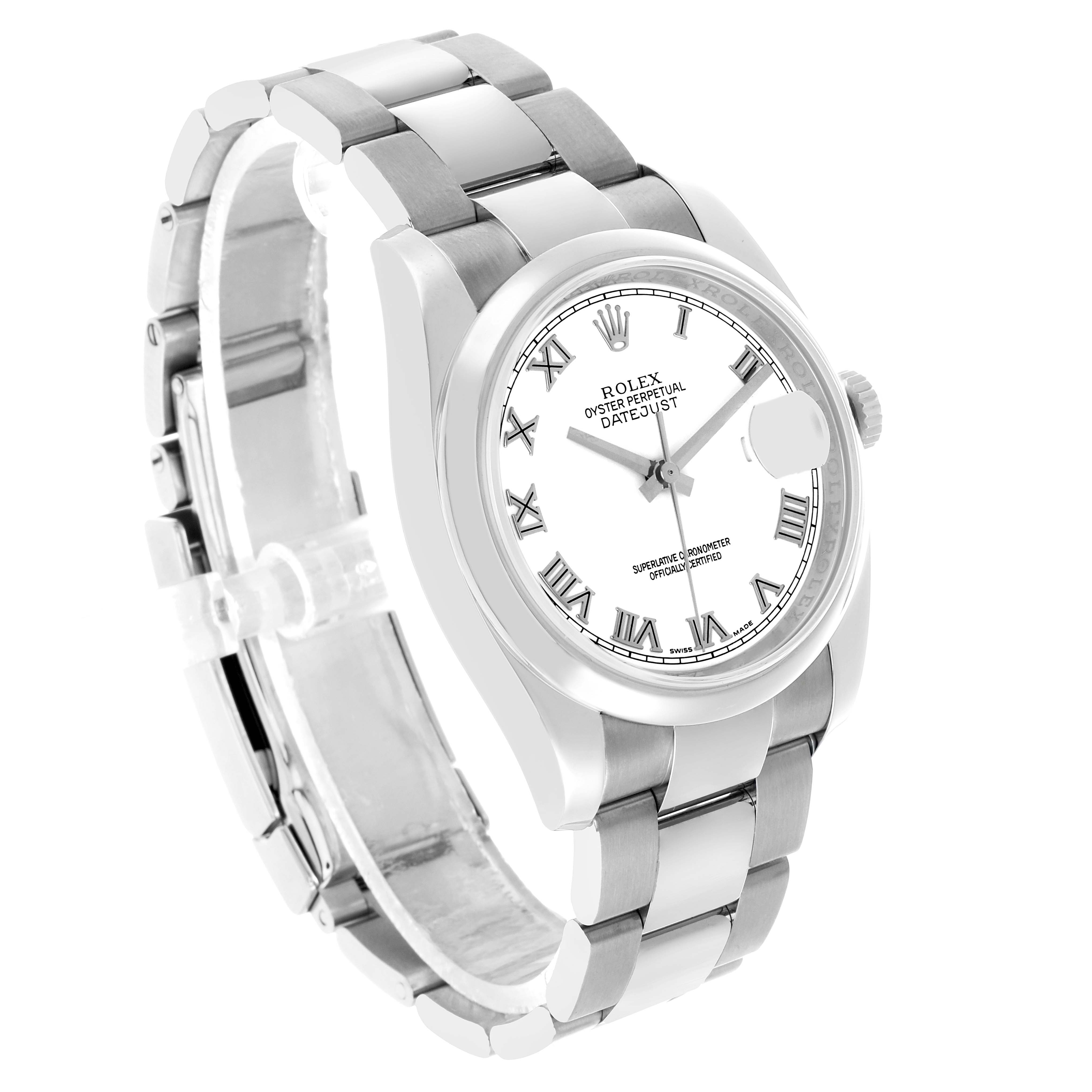 The Rolex Datejust 116200 Men's Stainless Steel White Dial watch is shown at a three-quarter angle, displaying the face, bezel, and bracelet.