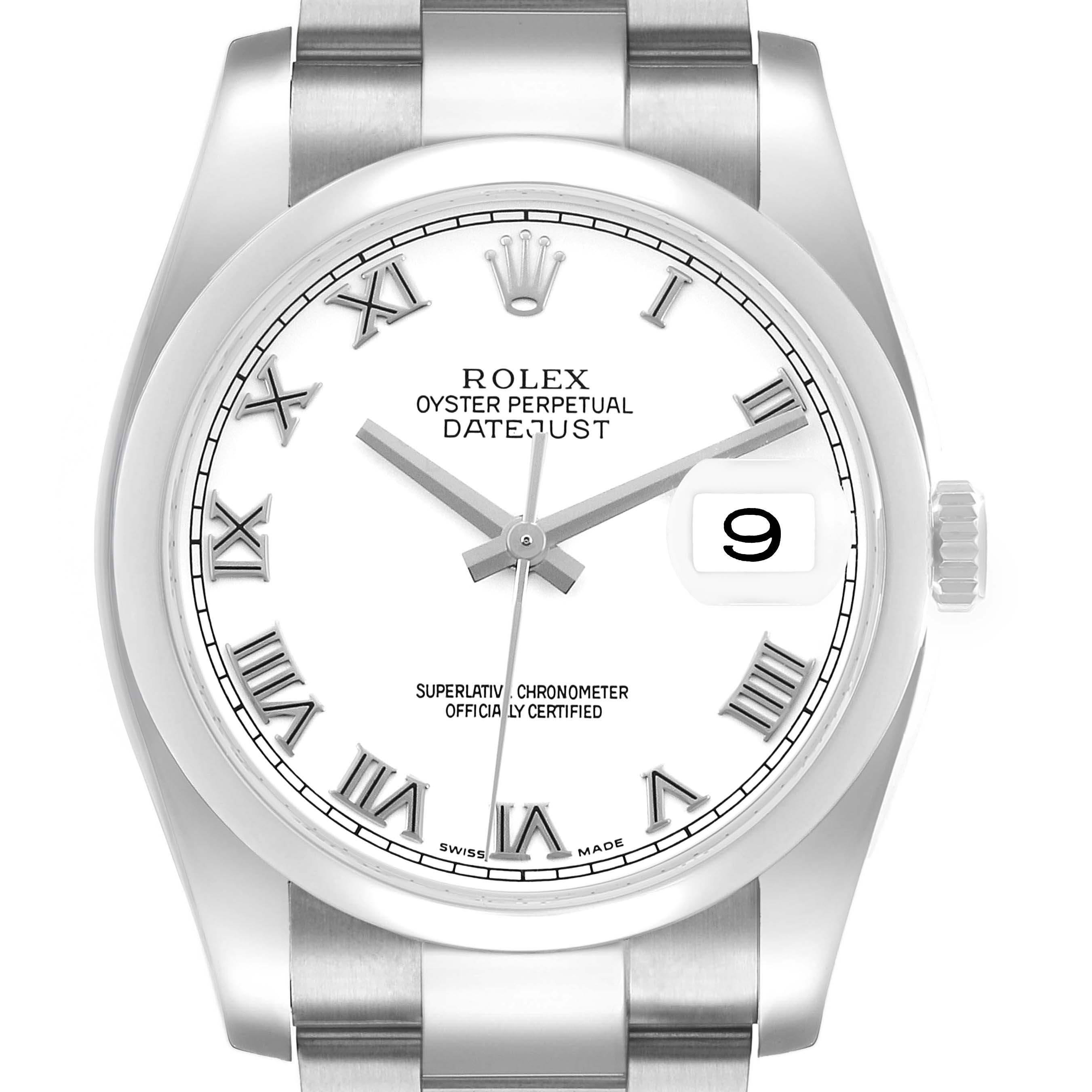 The image shows a front view of the Rolex Datejust 116200 Men's Stainless Steel White Dial watch, featuring its dial, bezel, crown, and part of the bracelet.