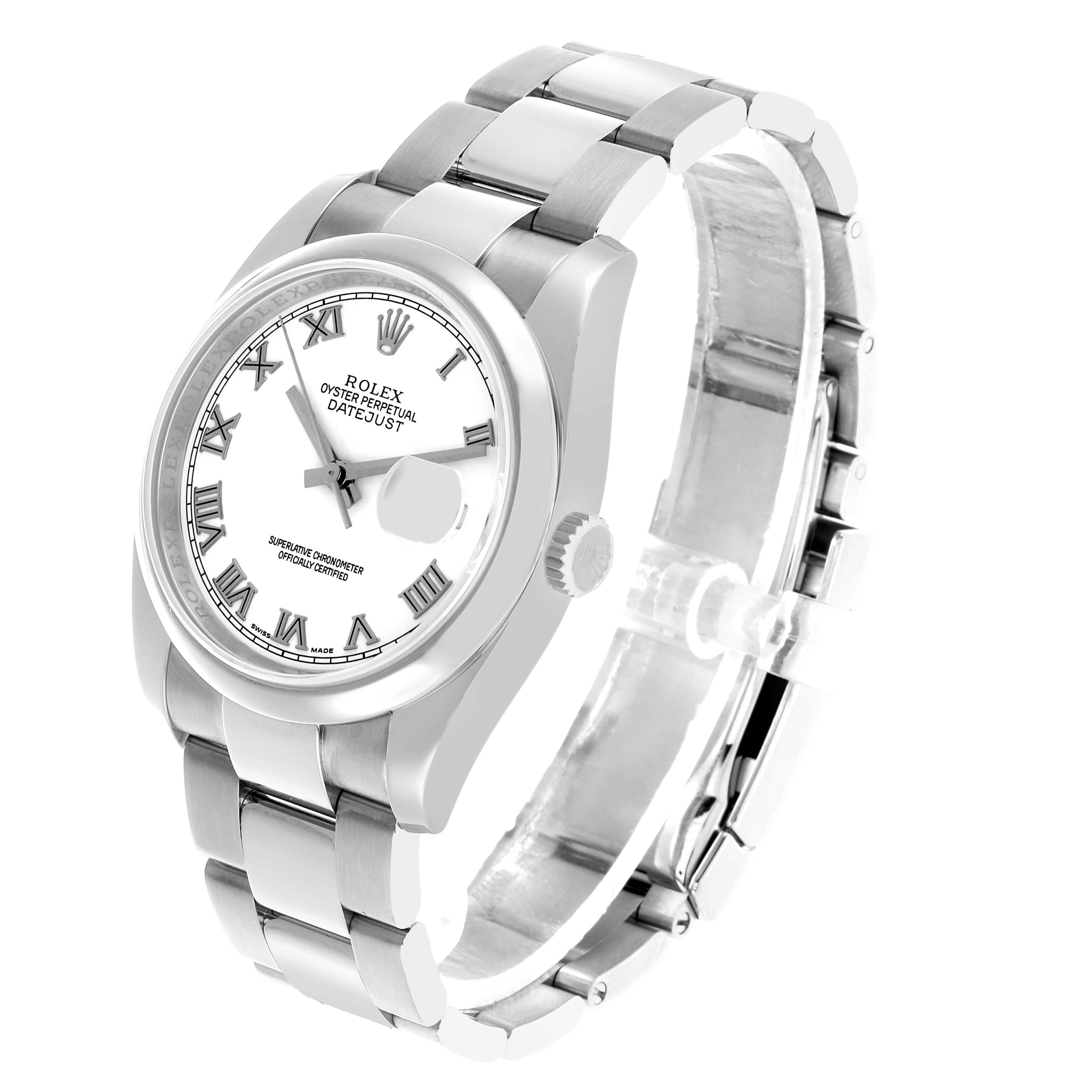 The Rolex Datejust 116200 Men's Stainless Steel White Dial watch is shown at a slightly tilted angle, highlighting the dial, bezel, bracelet, and crown.
