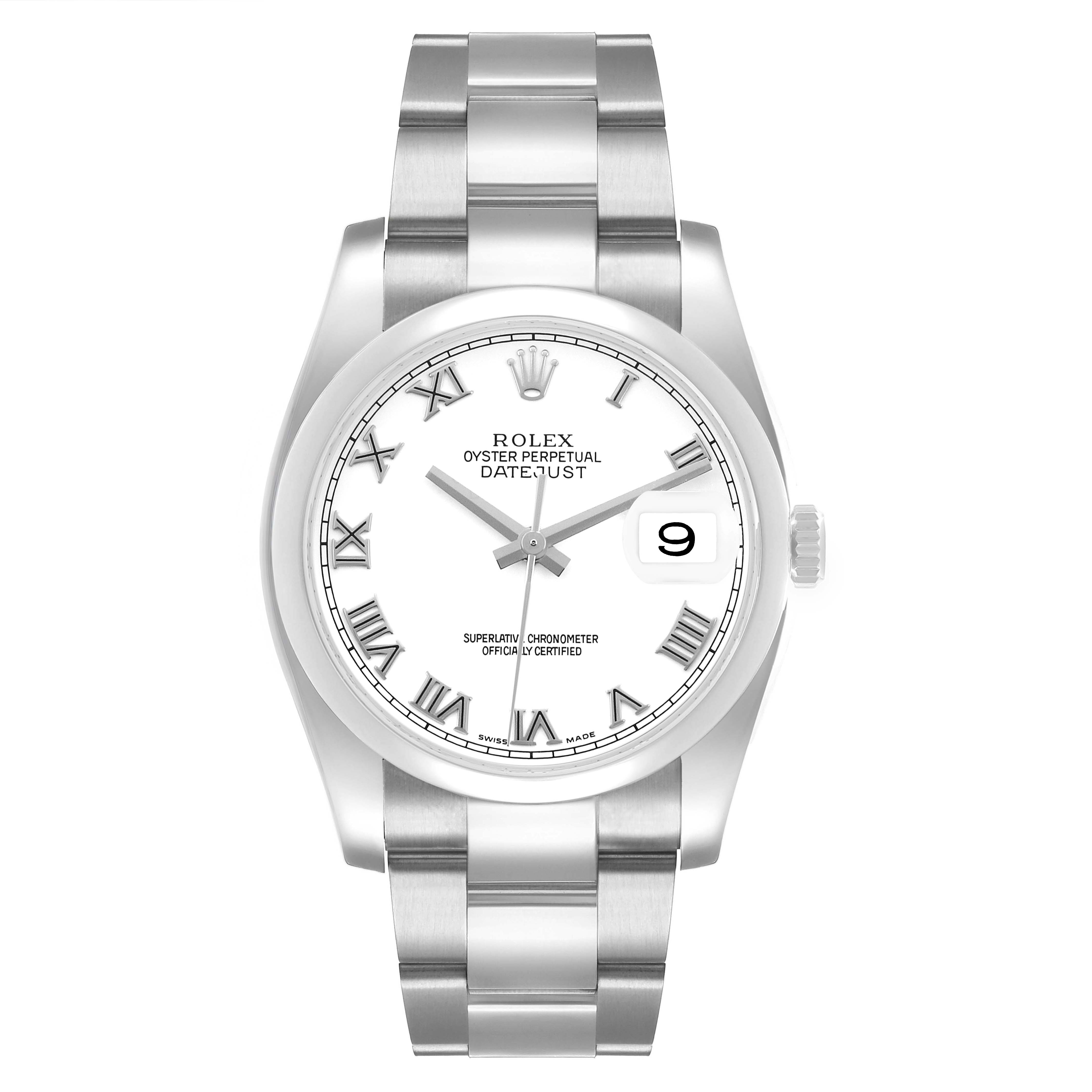 The Rolex Datejust 116200 Men's Stainless Steel White Dial watch is shown from a front angle, displaying the face, bezel, bracelet, crown, and date window.