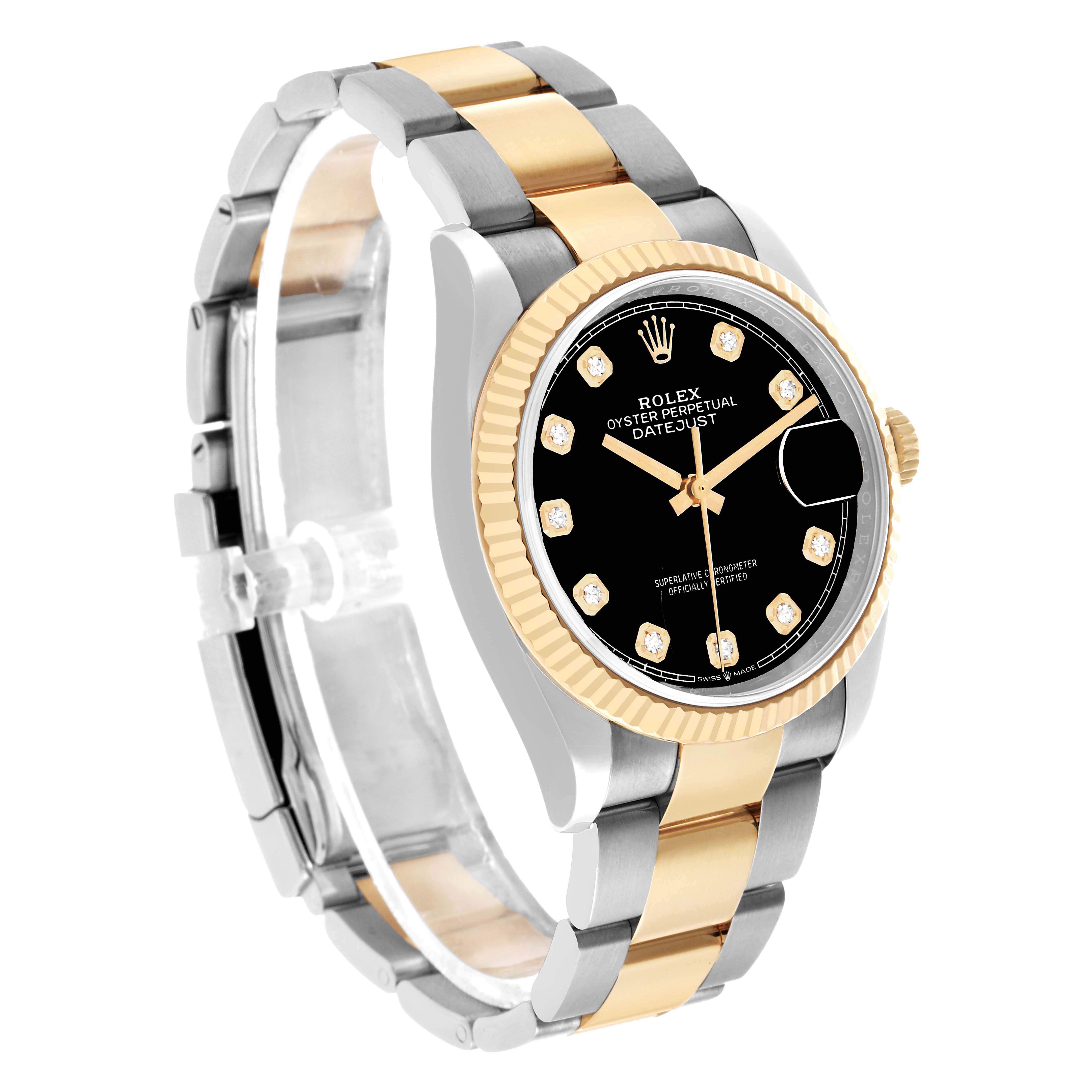 The Rolex Datejust 126233 Men's Steel and Gold (two tone) Black Dial watch is shown at a tilted side angle, highlighting its two-tone bracelet, black dial, and fluted bezel.
