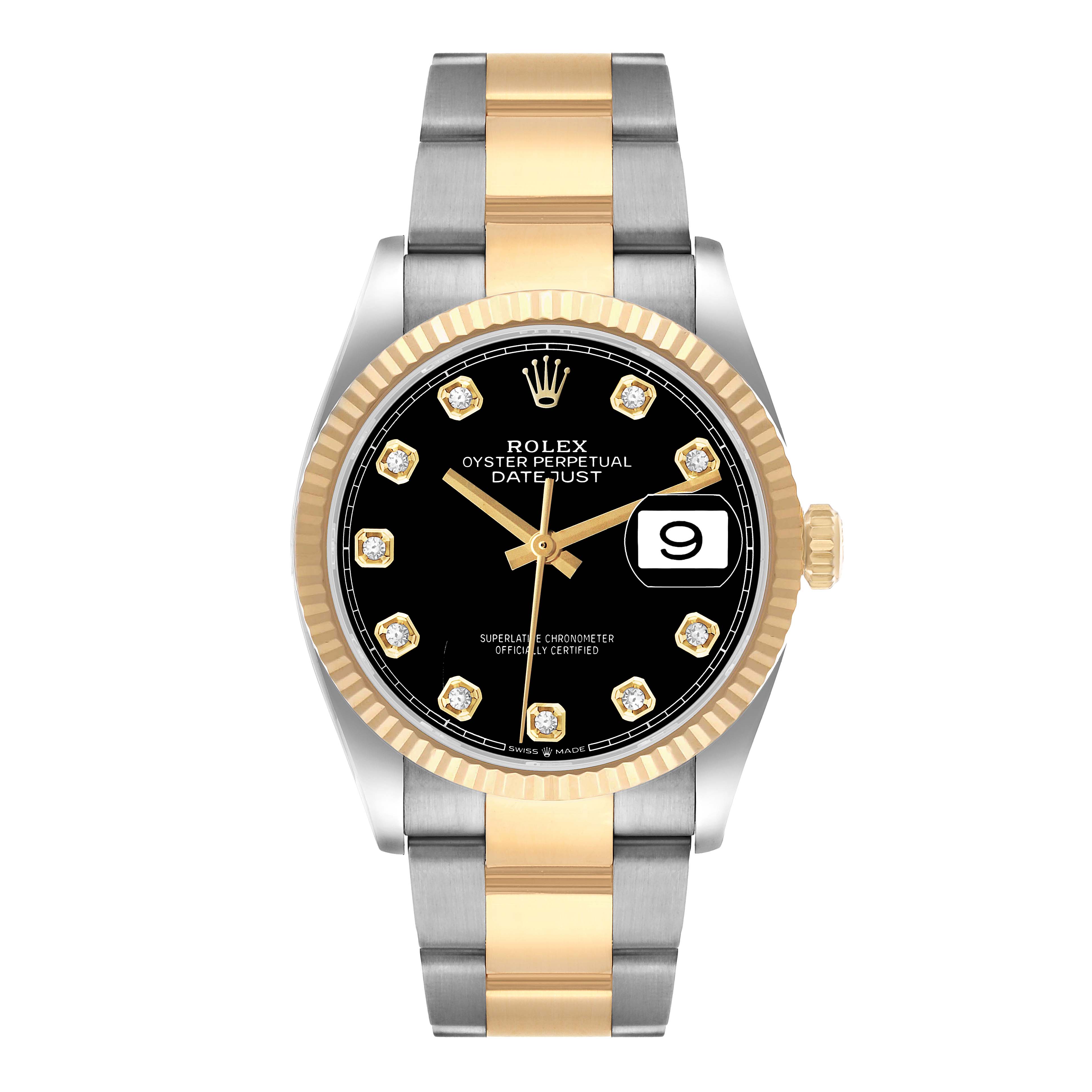 The Rolex Datejust 126233 Men's Steel and Gold (two tone) Black Dial is shown from a front view, highlighting the dual-tone bracelet, fluted bezel, and black diamond-accented dial.