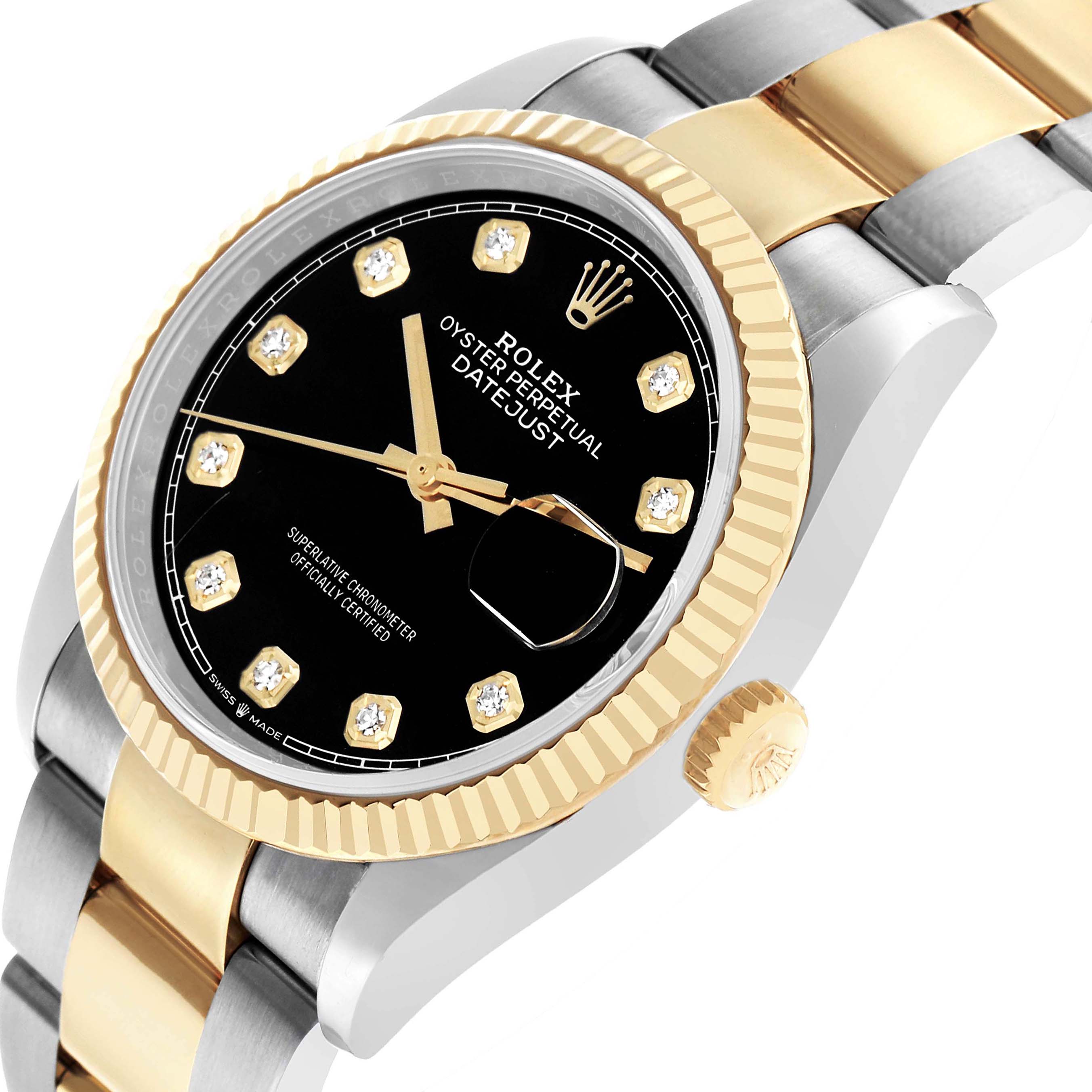 The Rolex Datejust 126233 Men's Steel and Gold (two tone) Black Dial watch is shown at an oblique angle, highlighting the black dial, fluted gold bezel, and two-tone bracelet.