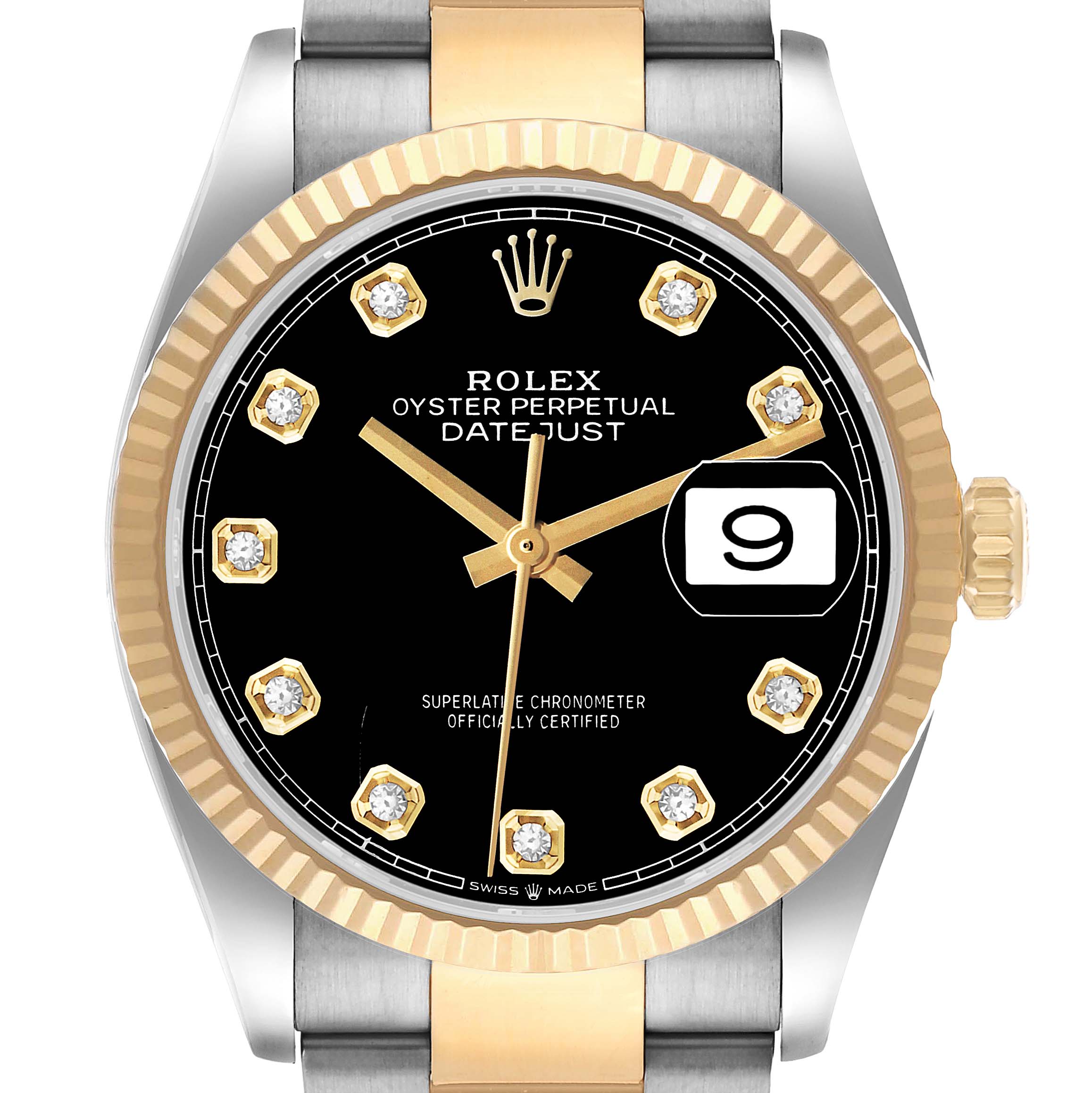 The image shows a Rolex Datejust 126233 Men's Steel and Gold (two tone) Black Dial watch face straight-on, highlighting the bezel, dial, hands, date window, and part of the bracelet.