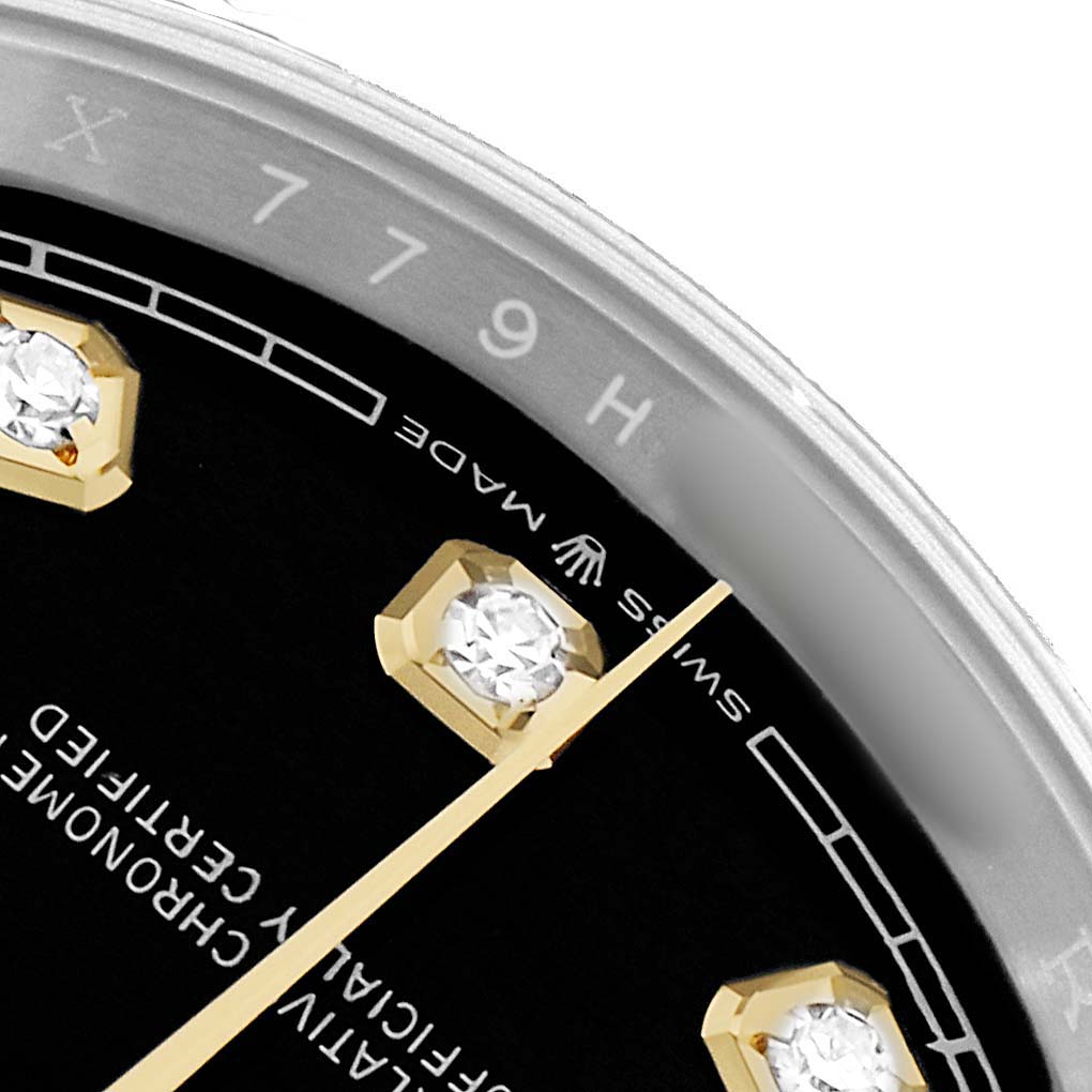 The image shows a close-up of the Rolex Datejust 126233 Men's Steel and Gold (two tone) Black Dial dial, highlighting diamond hour markers and part of the chapter ring.