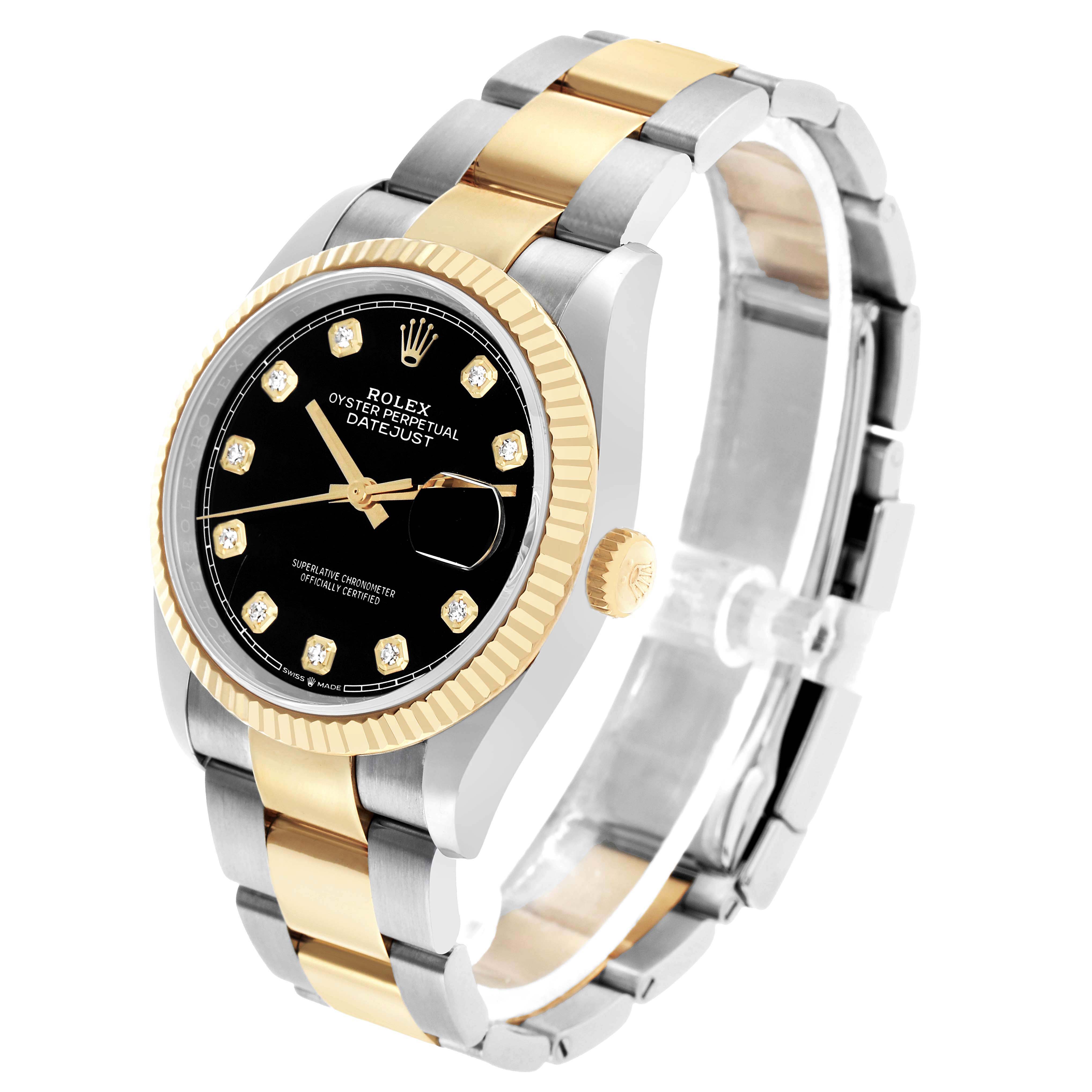 The Rolex Datejust 126233 Men's Steel and Gold (two tone) Black Dial watch is shown at a three-quarter angle highlighting the face, bezel, crown, and part of the bracelet.