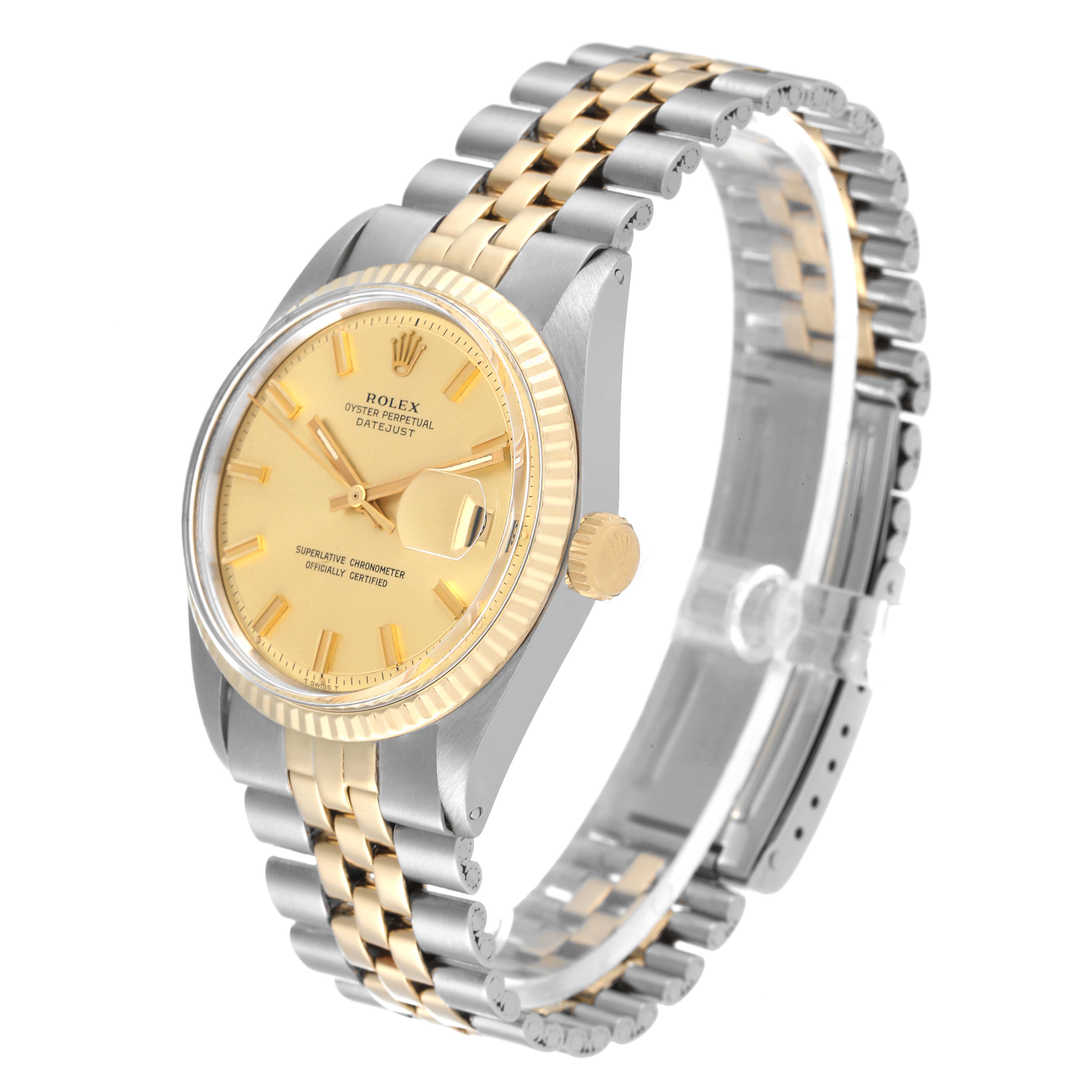This image shows a Rolex Datejust 1601 Men's Steel and Gold (two tone) Champagne Dial 1601 Men's Steel and Gold (two tone) Champagne Dial watch from a 3/4 angle, highlighting the gold face, bezel, and two-tone bracelet.
