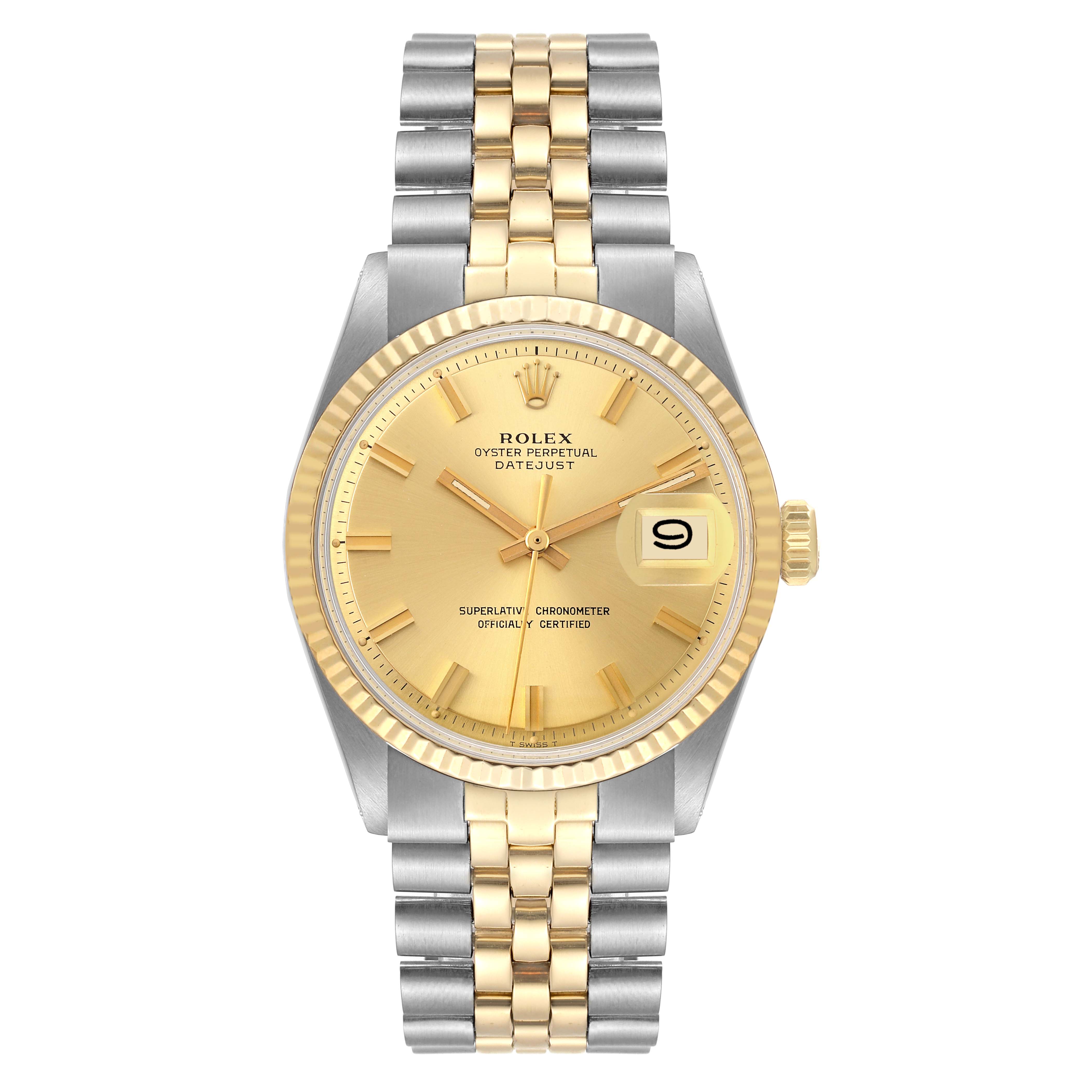 This image shows a frontal view of a Rolex Datejust 1601 Men's Steel and Gold (two tone) Champagne Dial 1601 Men's Steel and Gold (two tone) Champagne Dial watch, displaying its dial, bezel, and bracelet.