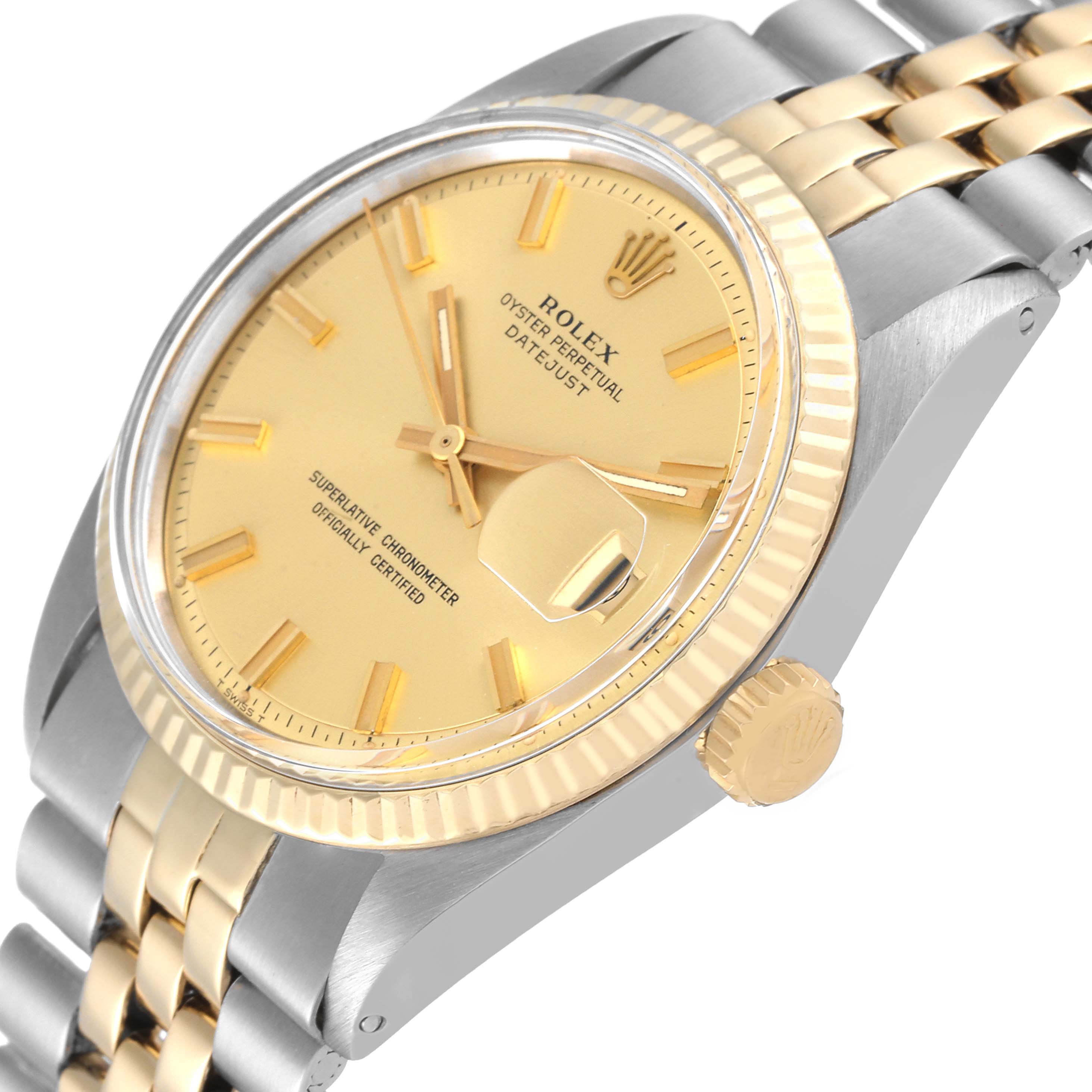 The image shows a Rolex Datejust 1601 Men's Steel and Gold (two tone) Champagne Dial 1601 Men's Steel and Gold (two tone) Champagne Dial watch from an angled side view, highlighting the dial, bezel, crown, and part of the bracelet.