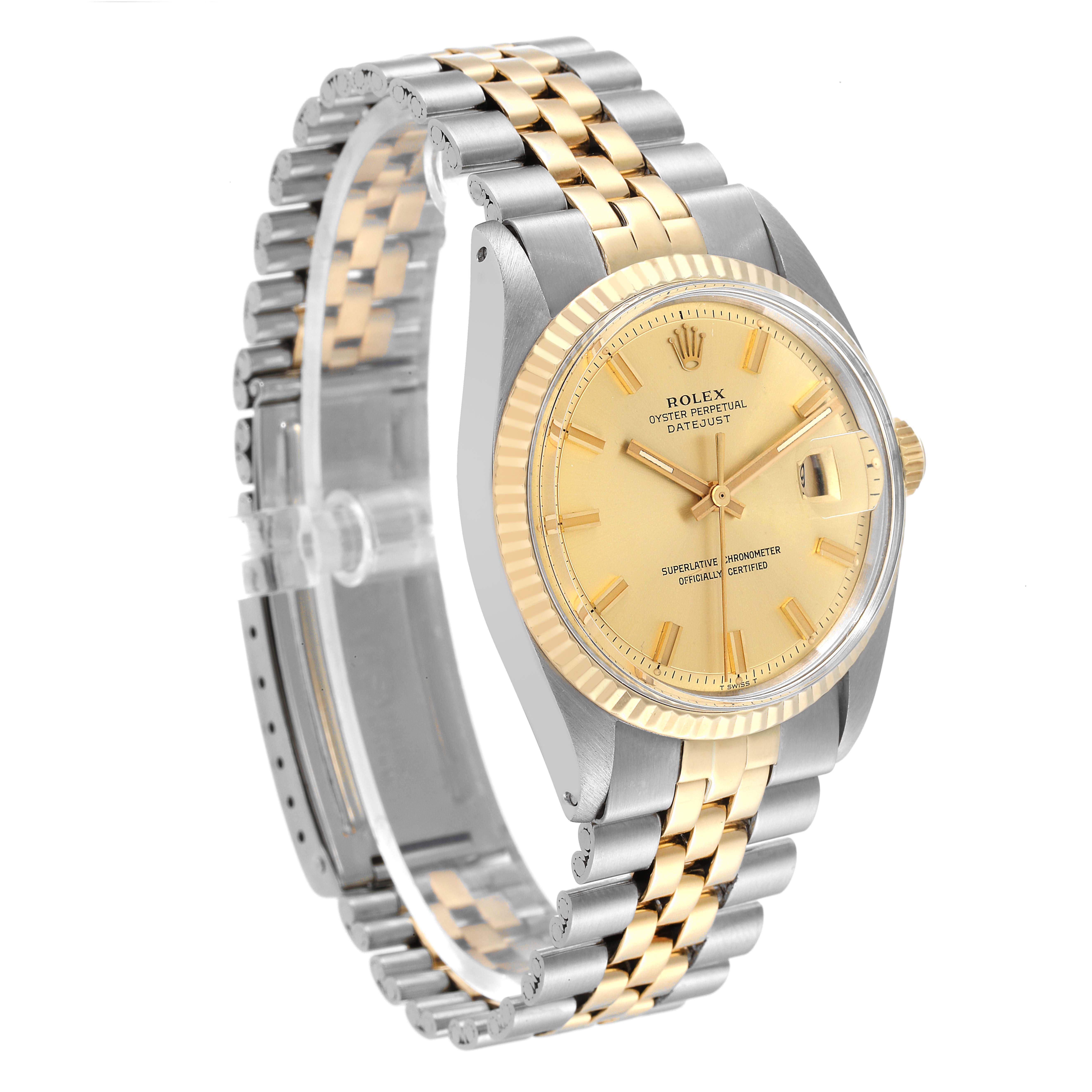 This image shows a Rolex Datejust 1601 Men's Steel and Gold (two tone) Champagne Dial 1601 Men's Steel and Gold (two tone) Champagne Dial watch at a slight angle, highlighting its dial, bezel, and two-tone bracelet.