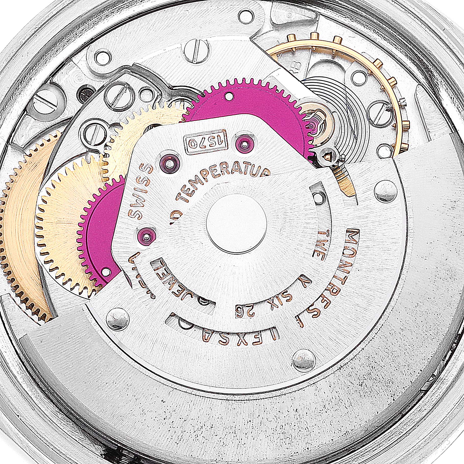 This image shows the intricate movement mechanism of a Rolex Datejust 1601 Men's Steel and Gold (two tone) Champagne Dial 1601 Men's Steel and Gold (two tone) Champagne Dial watch from the back.