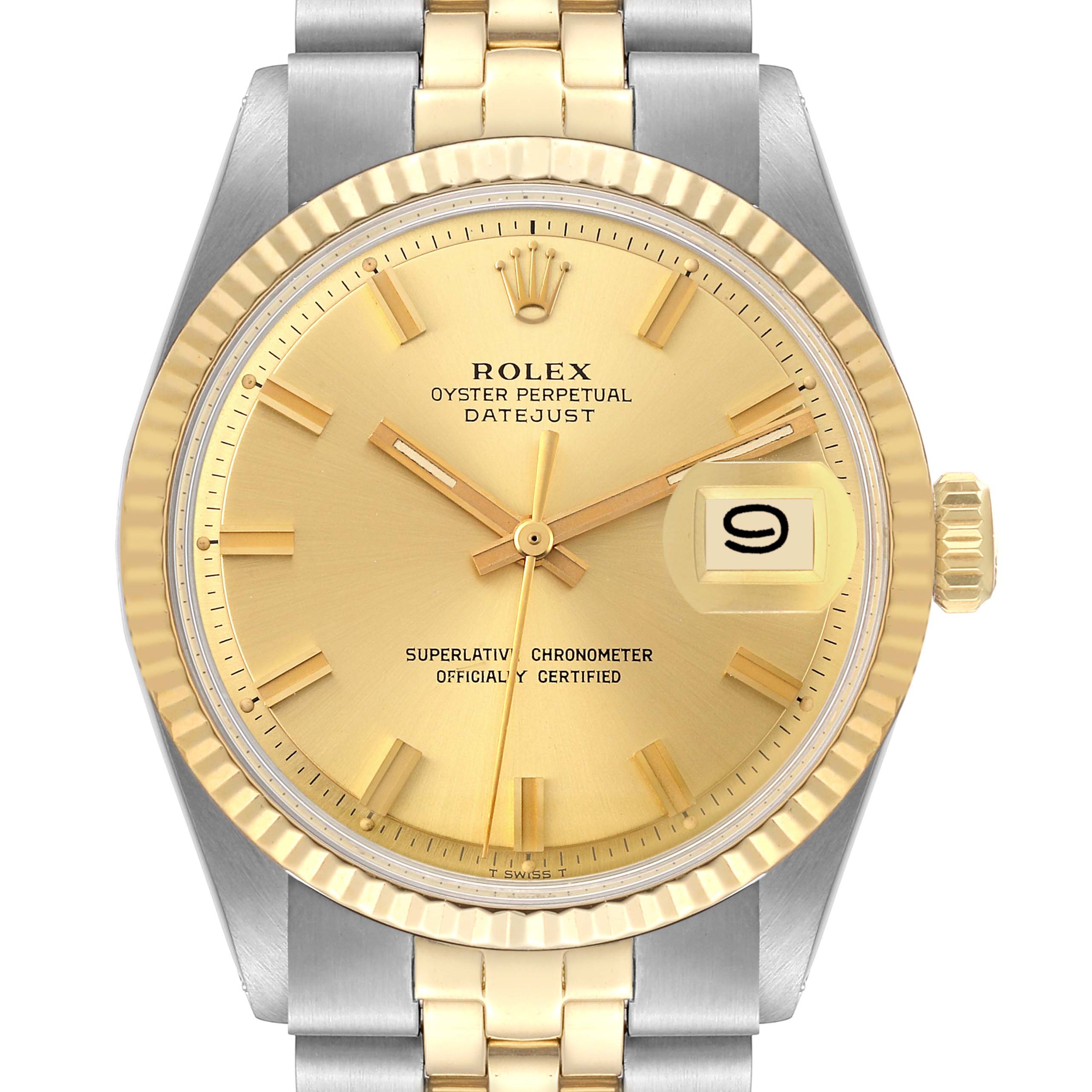 The image shows a Rolex Datejust 1601 Men's Steel and Gold (two tone) Champagne Dial 1601 Men's Steel and Gold (two tone) Champagne Dial watch with a golden dial, fluted bezel, and two-tone bracelet viewed from the front.