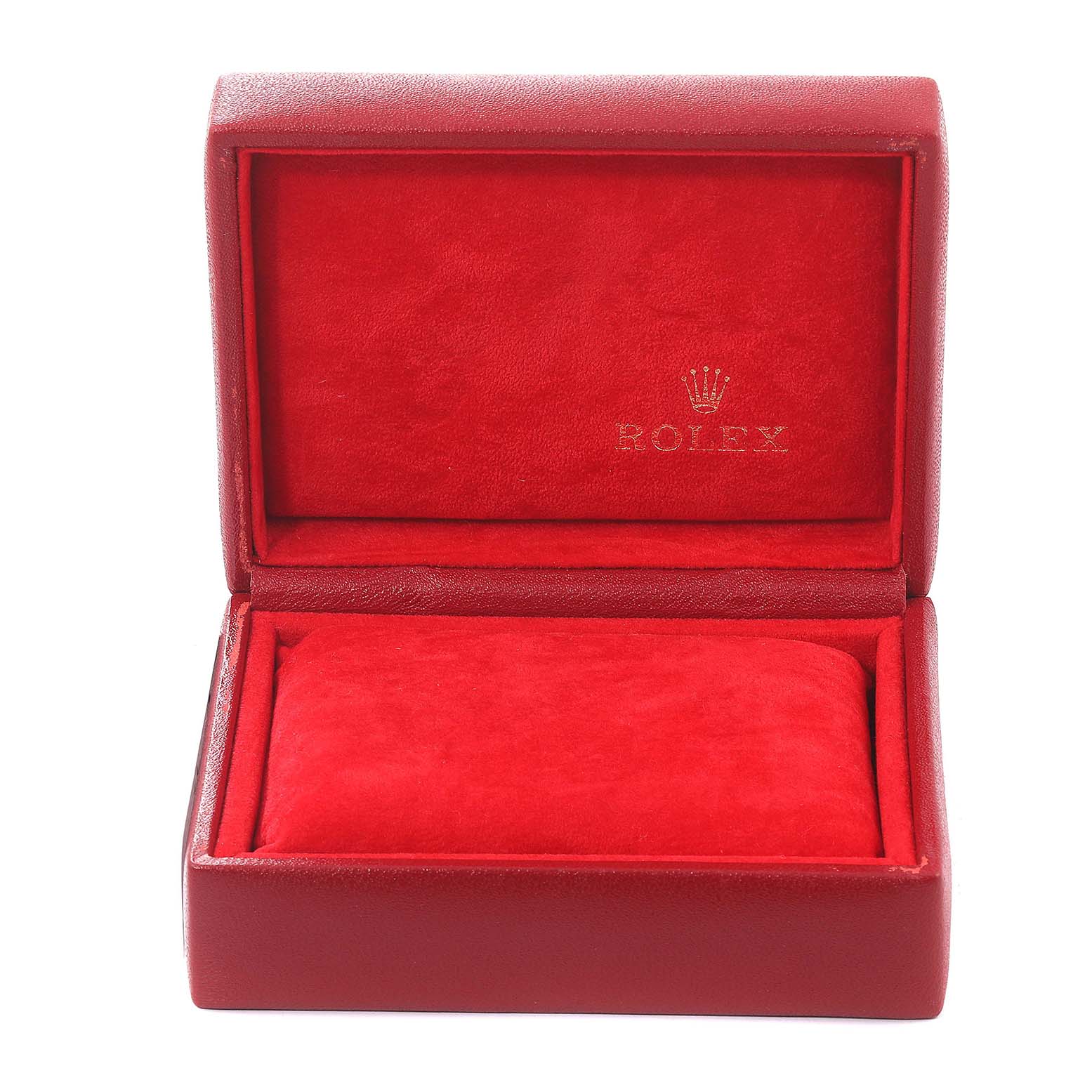 The image shows an empty open red leather box with the Rolex logo, likely for a Datejust model.