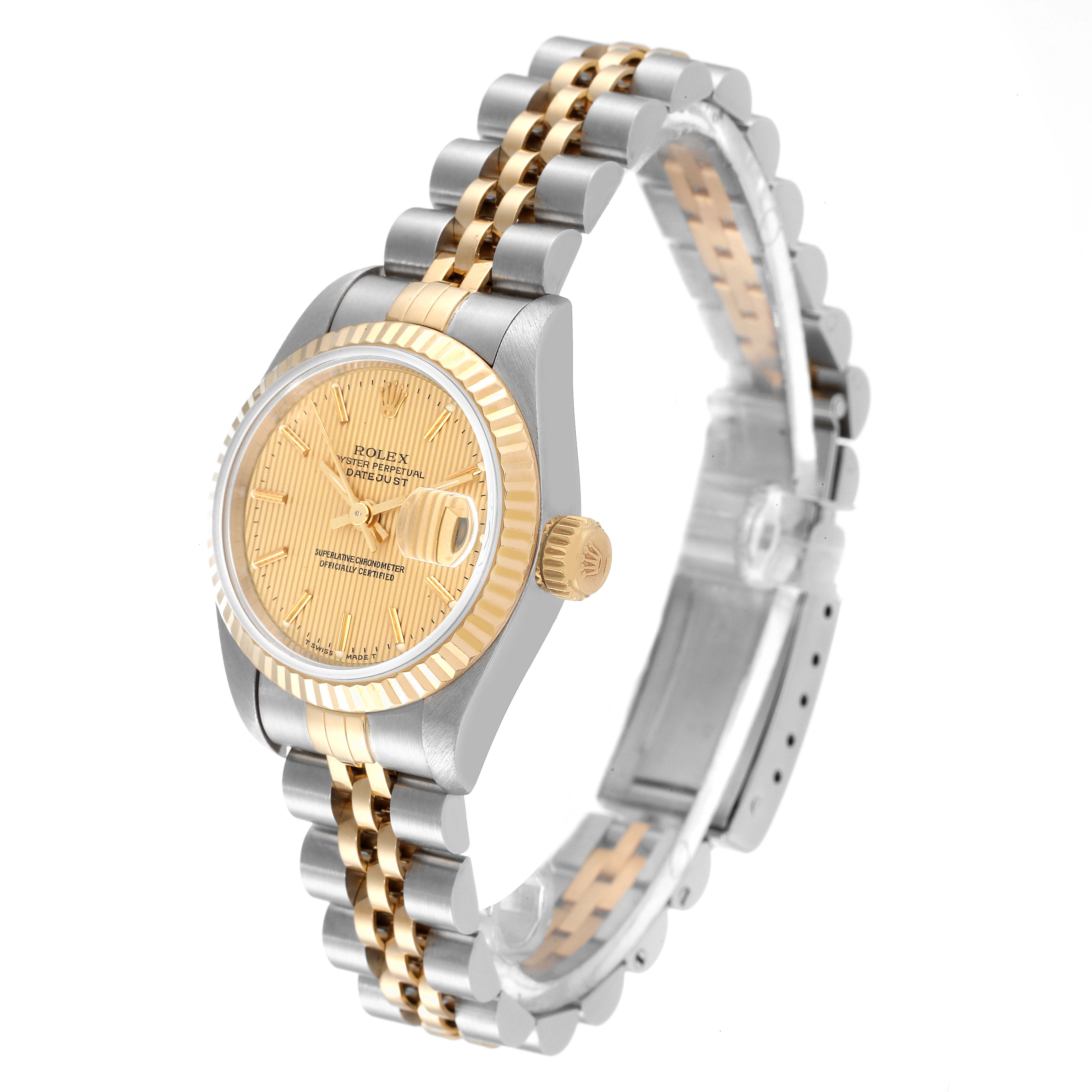 This Rolex Datejust 69173 Women's Steel and Gold (two tone) Champagne Dial 69173 Women's Steel and Gold (two tone) Champagne Dial model is shown at a right side angle, revealing the dial, fluted bezel, and two-tone bracelet.