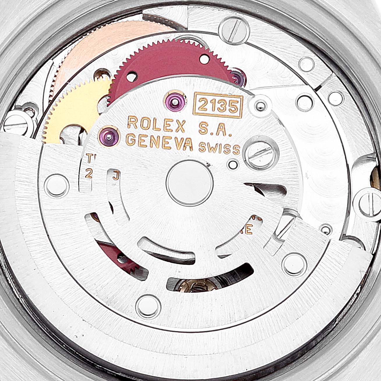 The image shows the internal mechanical movement of a Rolex Datejust 69173 Women's Steel and Gold (two tone) Champagne Dial 69173 Women's Steel and Gold (two tone) Champagne Dial watch, with gears and the inscription "ROLEX S.A. GENEVA."