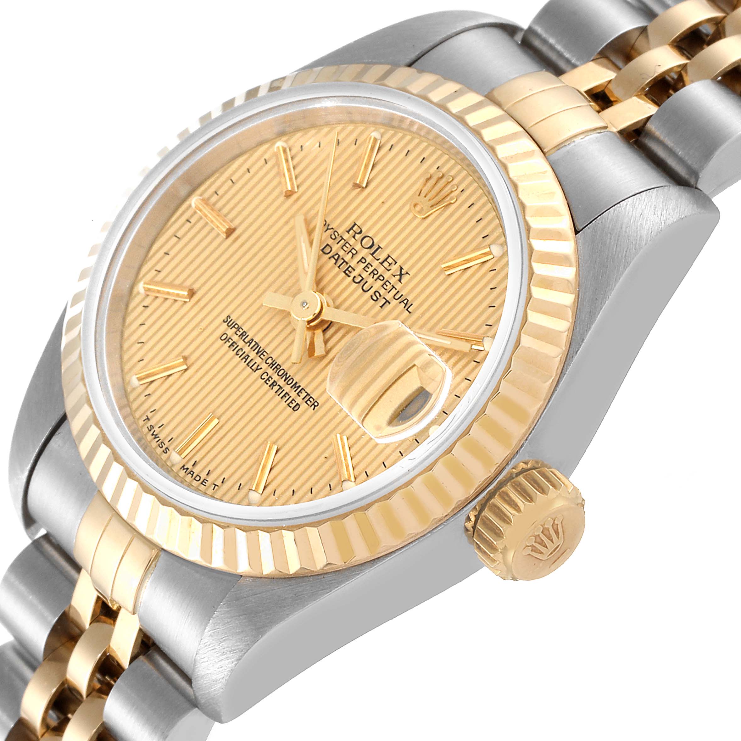 This image shows a Rolex Datejust 69173 Women's Steel and Gold (two tone) Champagne Dial 69173 Women's Steel and Gold (two tone) Champagne Dial watch from an oblique angle, highlighting the dial, bezel, crown, and bracelet.
