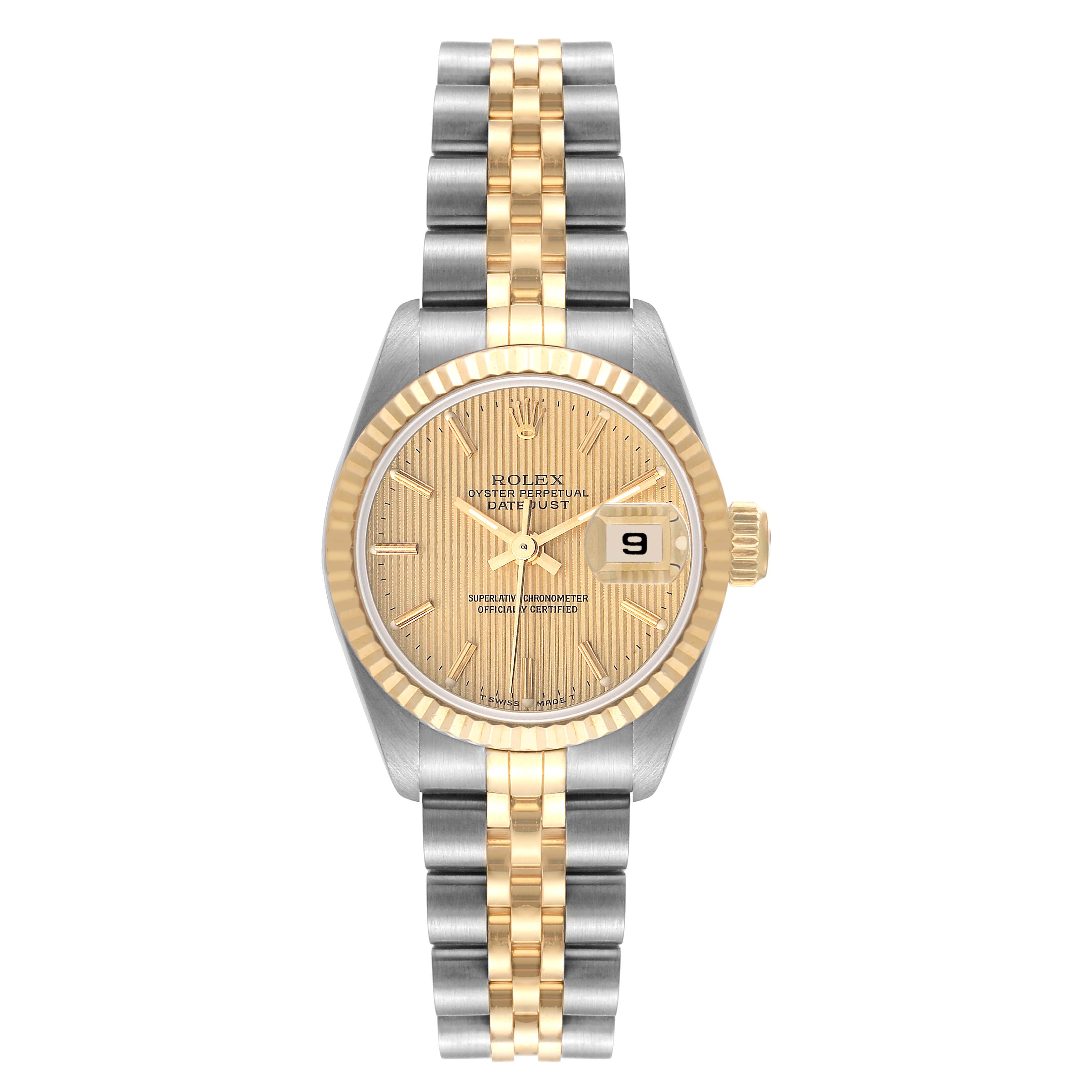 This image shows a front view of a Rolex Datejust 69173 Women's Steel and Gold (two tone) Champagne Dial 69173 Women's Steel and Gold (two tone) Champagne Dial watch, highlighting its face, bezel, and two-tone bracelet.
