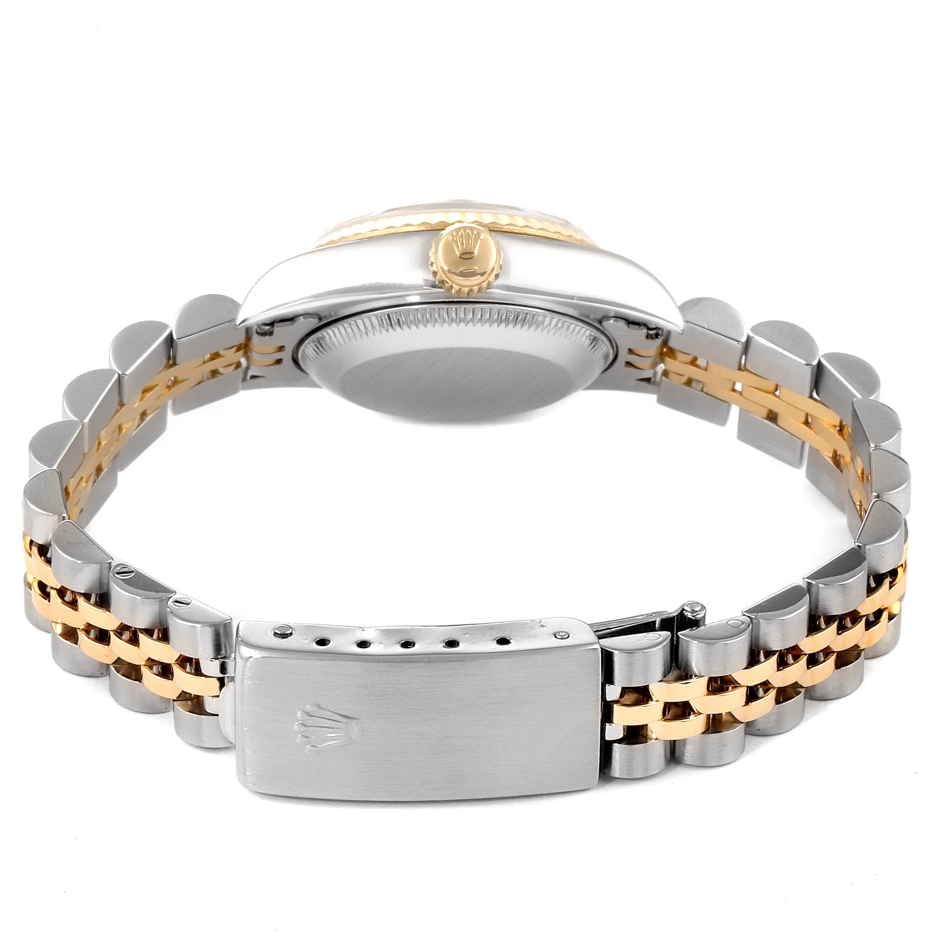 The image shows the back and side view of a Rolex Datejust 69173 Women's Steel and Gold (two tone) Beige Dial 69173 Women's Steel and Gold (two tone) Beige Dial model watch, highlighting the clasp, bracelet, and side crown.