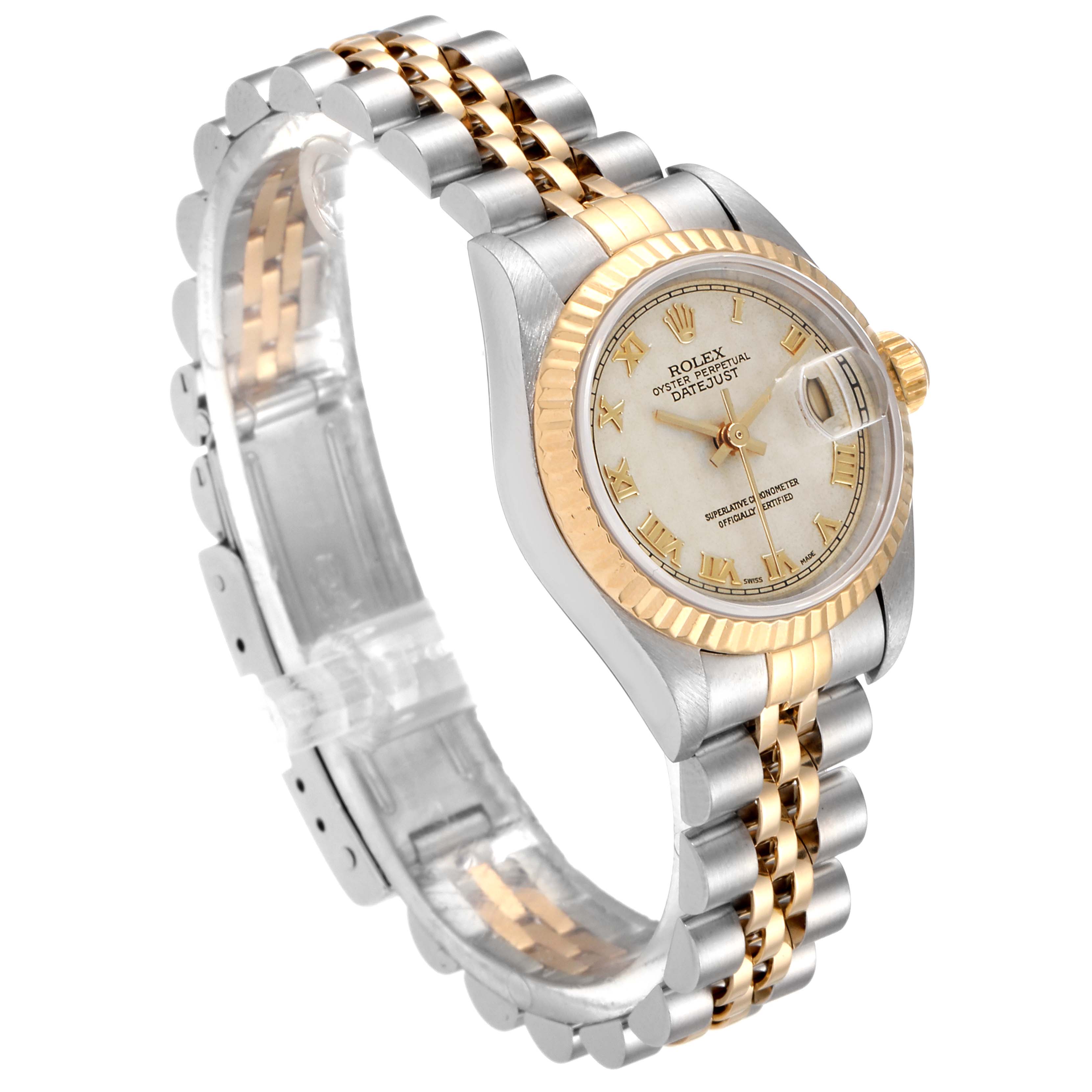 This image shows a Rolex Datejust 69173 Women's Steel and Gold (two tone) Beige Dial 69173 Women's Steel and Gold (two tone) Beige Dial watch at a 3 o'clock angle, featuring its full bracelet, bezel, and dial.