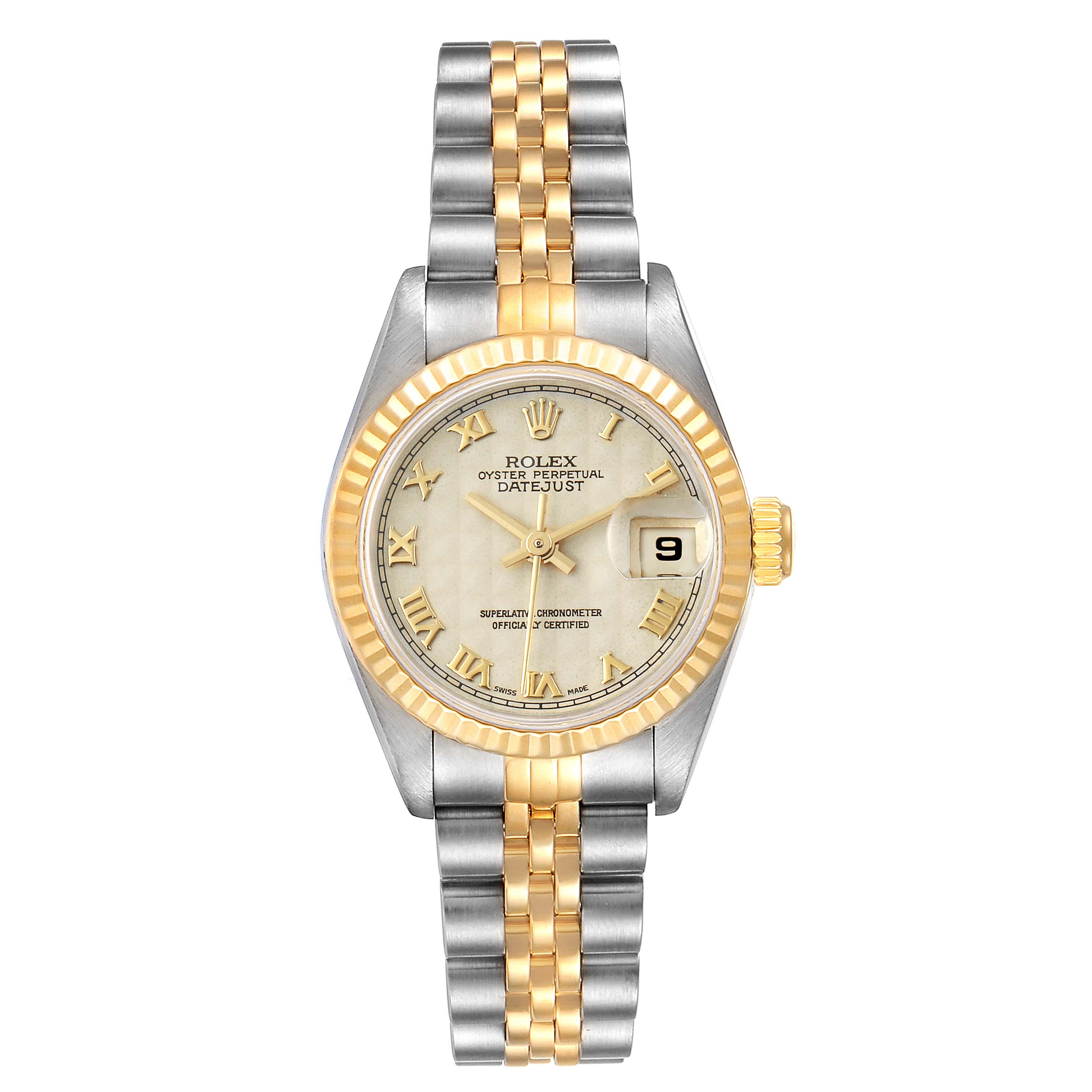 This image shows a front view of a Rolex Datejust 69173 Women's Steel and Gold (two tone) Beige Dial 69173 Women's Steel and Gold (two tone) Beige Dial watch, highlighting its dial, bezel, and two-tone bracelet.