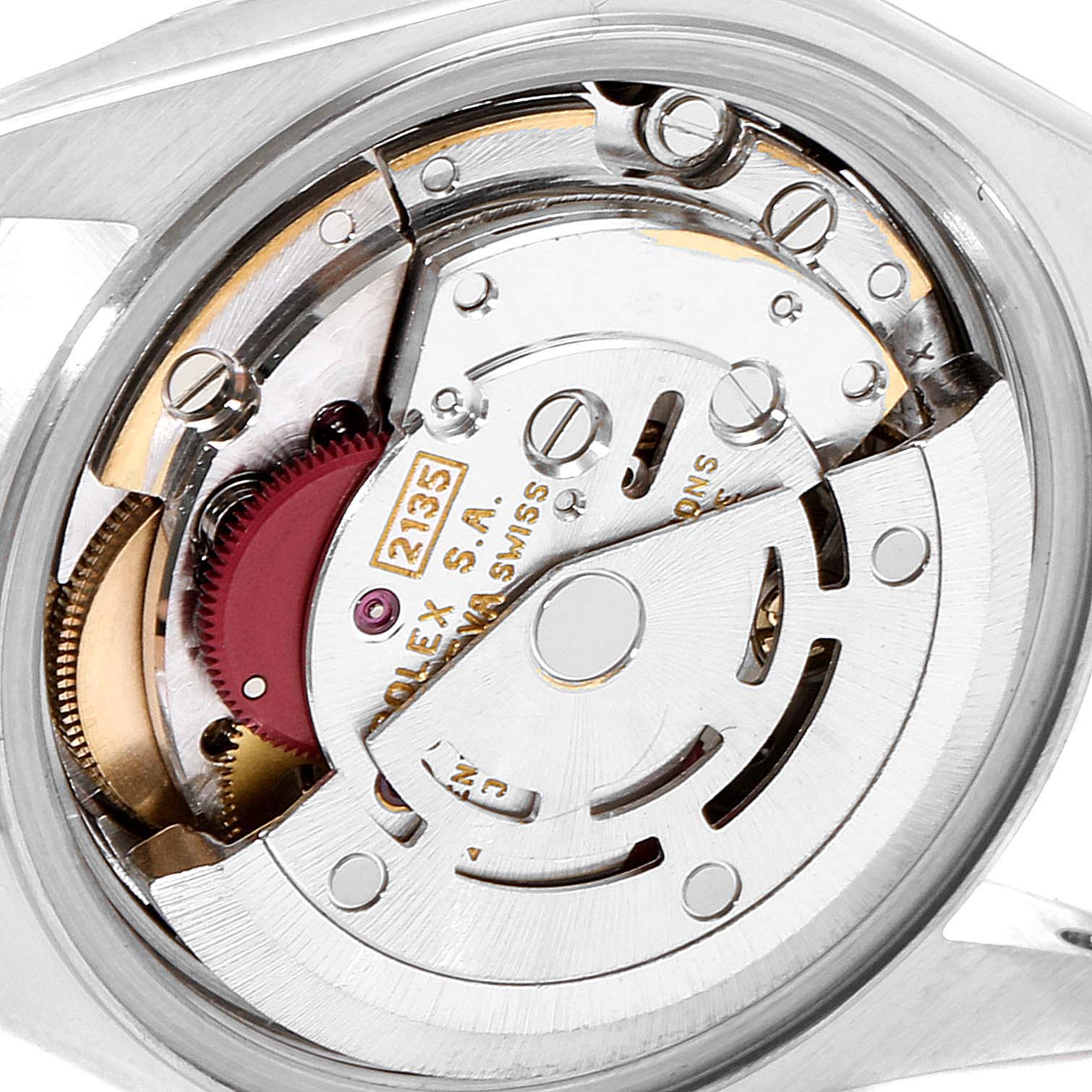 This image shows a close-up view of the movement mechanism inside a Rolex Datejust 69173 Women's Steel and Gold (two tone) Beige Dial 69173 Women's Steel and Gold (two tone) Beige Dial watch.