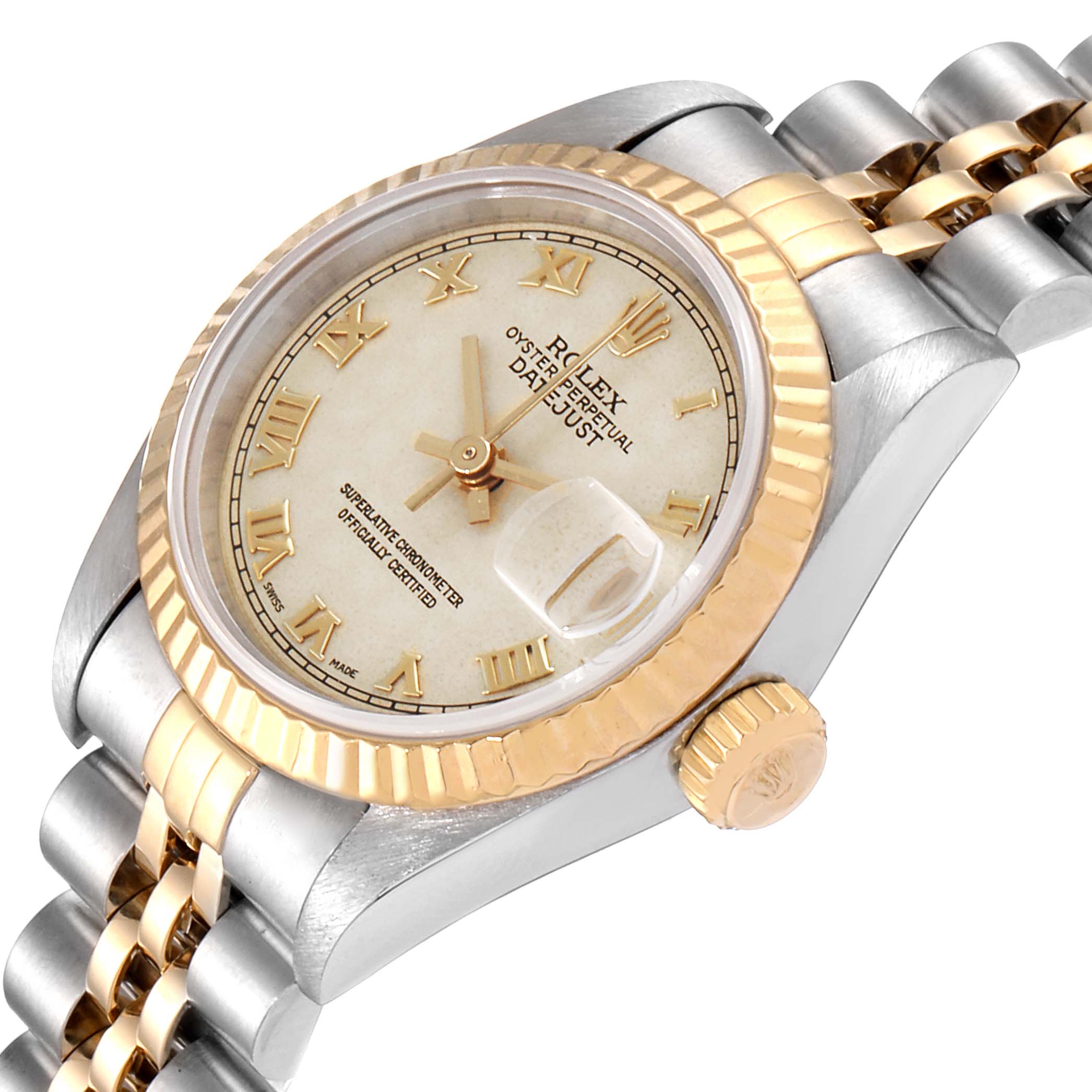 The image shows the Rolex Datejust 69173 Women's Steel and Gold (two tone) Beige Dial 69173 Women's Steel and Gold (two tone) Beige Dial watch at an angled close-up, highlighting its dial, fluted bezel, crown, and jubilee bracelet.