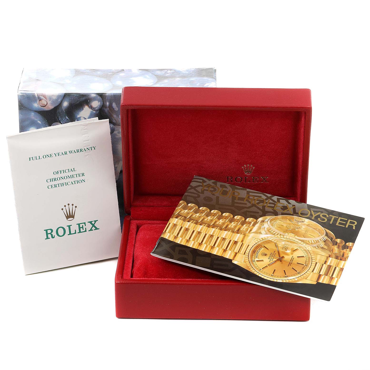 The image shows an empty red Rolex Datejust 69173 Women's Steel and Gold (two tone) Beige Dial 69173 Women's Steel and Gold (two tone) Beige Dial watch box with an official chronometer certification and a booklet.