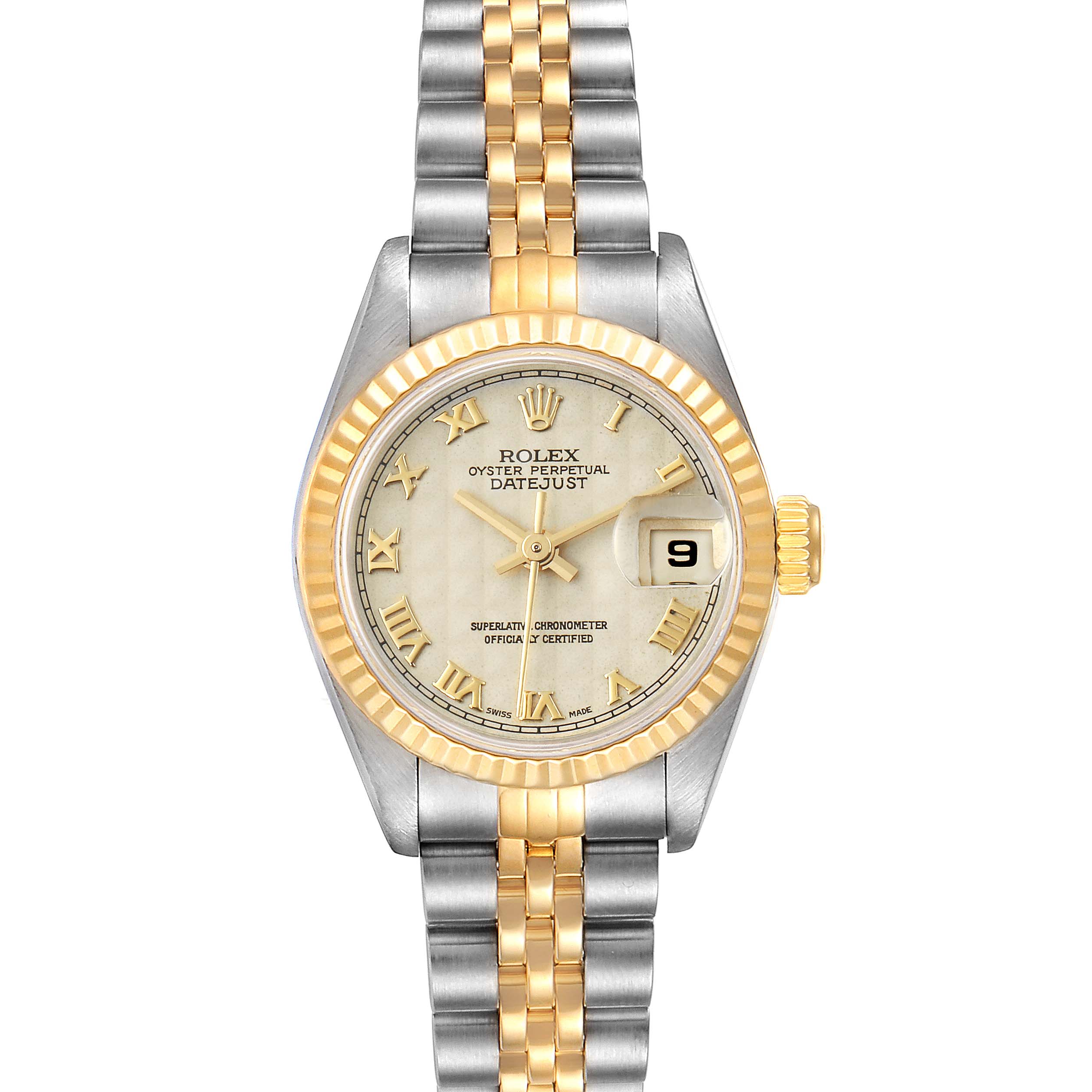 The Rolex Datejust 69173 Women's Steel and Gold (two tone) Beige Dial 69173 Women's Steel and Gold (two tone) Beige Dial watch is shown from a top-down angle, displaying the dial, bezel, and bracelet.